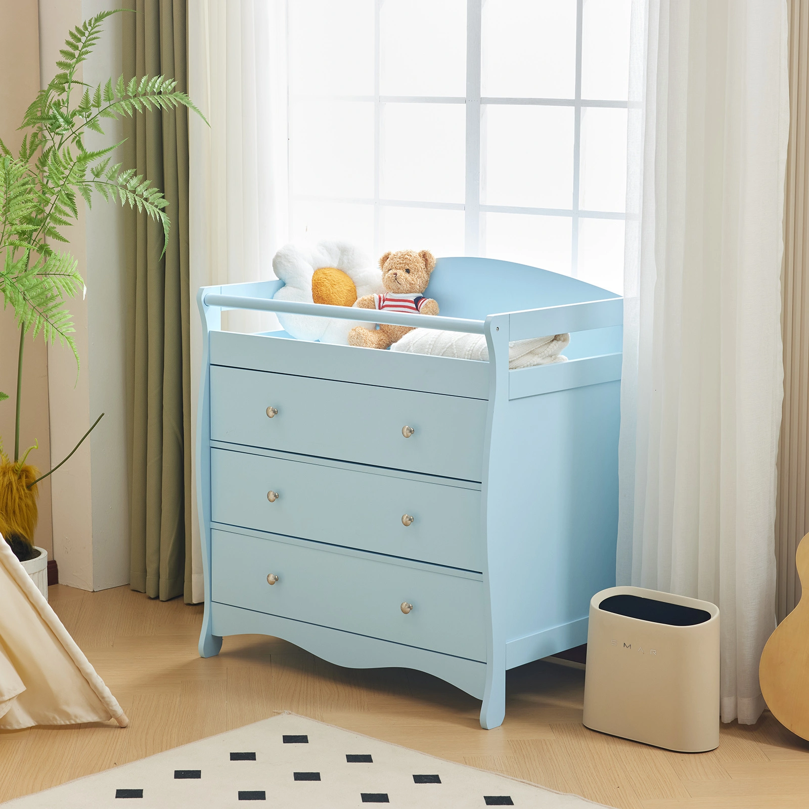 Blue painted finish, MDF, three drawers, 90.5*58*92cm, children's wooden bed with safety belt and changing table for babies view 9