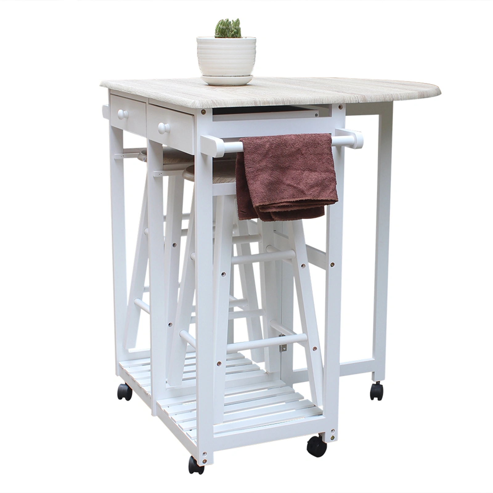 Foldable With Wooden Handle Semicircle Dining Cart With Round Stools White view 2