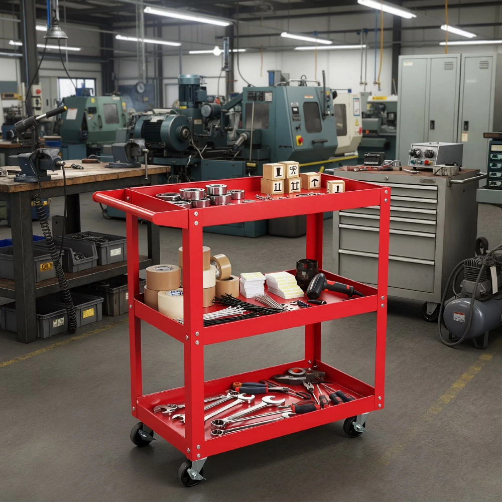 3-Tier Rolling Tool Cart Utility Cart on Wheels, 450 lb Heavy Duty Rolling Tool Cart for Warehouse, Garage, Red (Shipment from Walmart) view 6