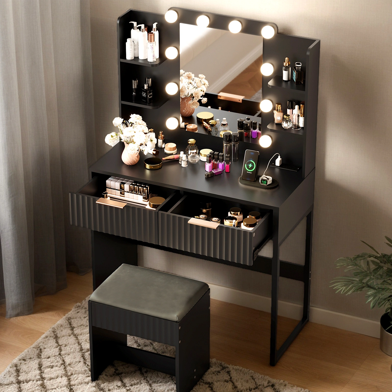 Black Dressing Table Set, Particleboard Melamine Finish, 2 Drawers 4 Shelves, 10 Three-Tone Bulbs, Power Strip & Grille, Vanity Desk