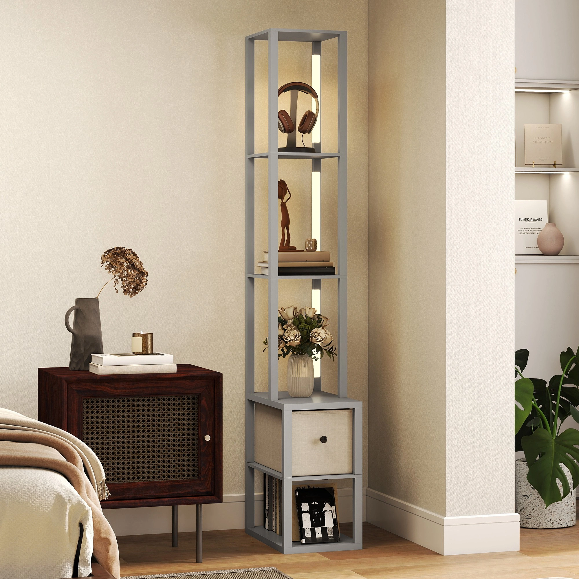 White Bathroom Storage Cabinet, Tall Floor Standing Cabinet with Open Shelves, Freestanding Organizer for Bathroom, Kitchen
