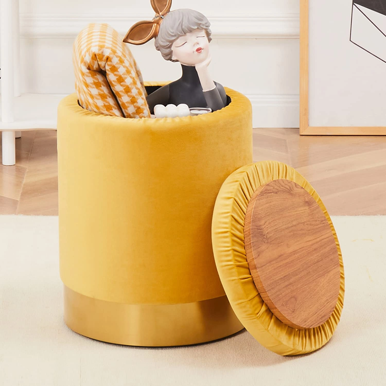 Velvet 23Qt Storage Ottoman, Round Footrest Stool with Metal Base, Modern Vanity Chair, Supports 300lbs, Padded Seat for Living Room & Bedroom, Ginger