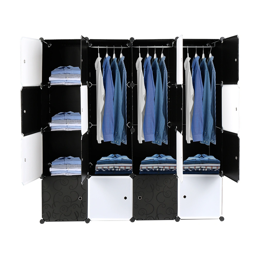 16-Cube Organizer Stackable Plastic Storage Shelves, Modular Closet Cabinet with Hanging Rod, Black & White view 2