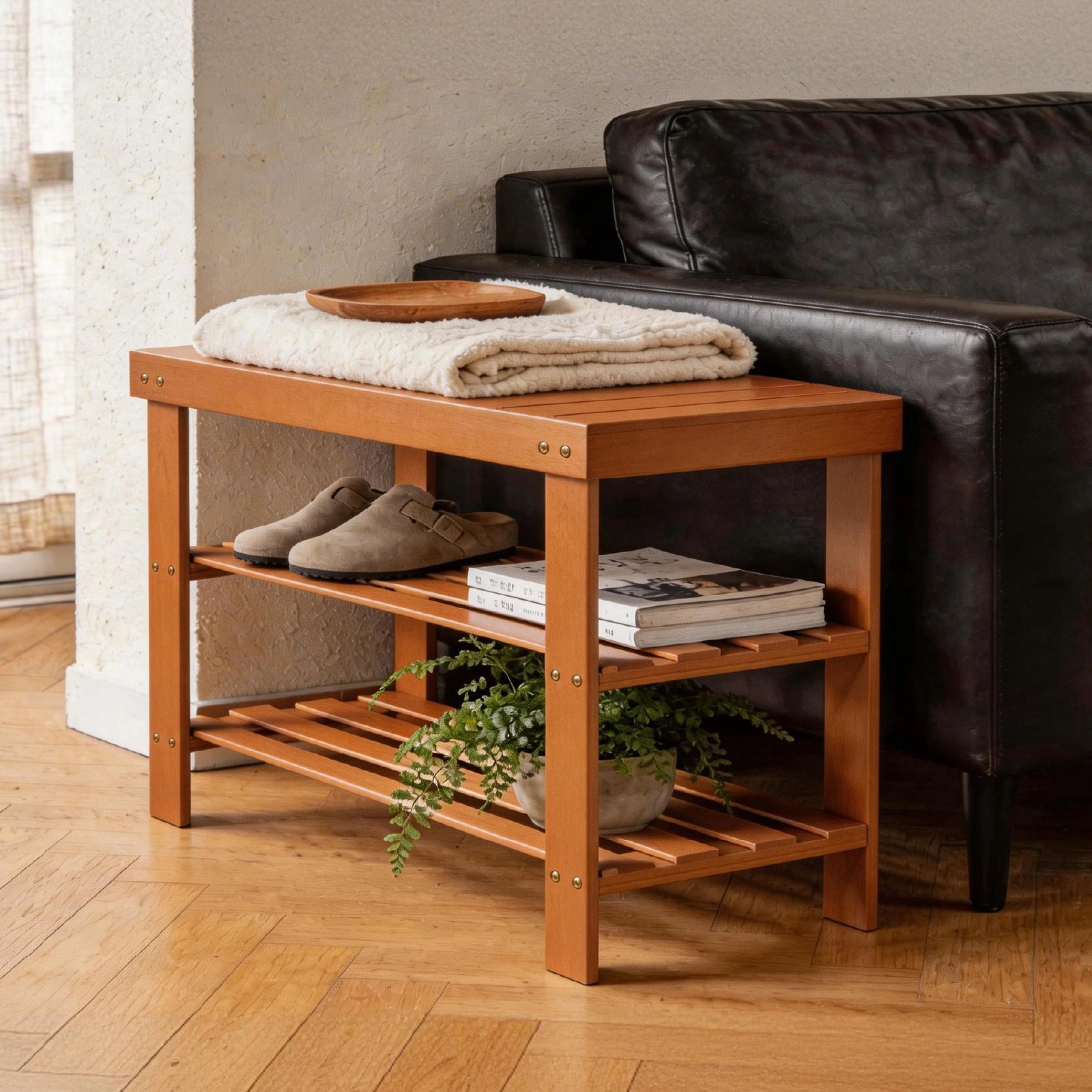 35.43"*11.02"*17.72" 3-Tier Bamboo Shoe Rack Walnut view 17