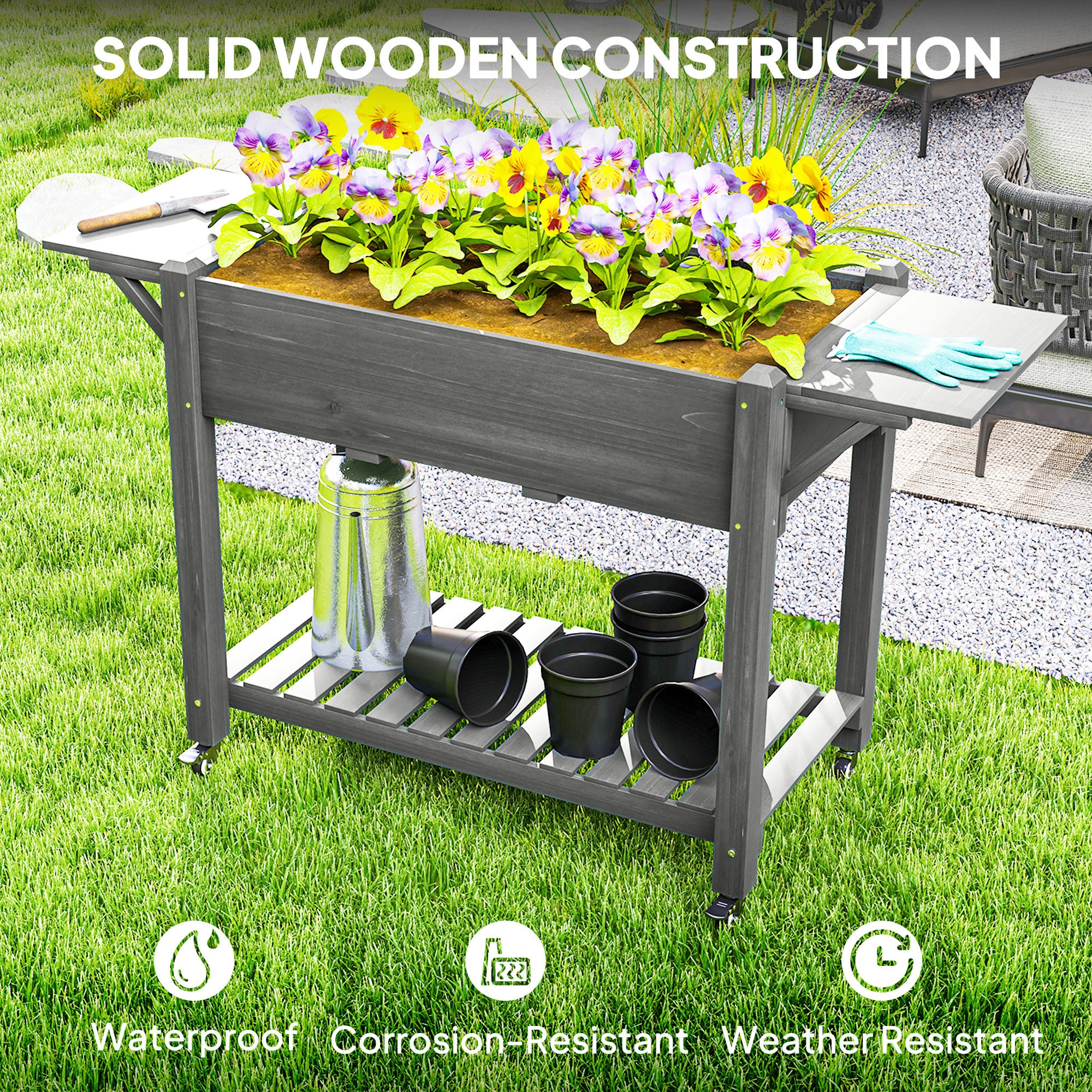 Wooden Planter Box & Flower Shelf - Rustic Garden Pot Stand for Indoor Outdoor Plants