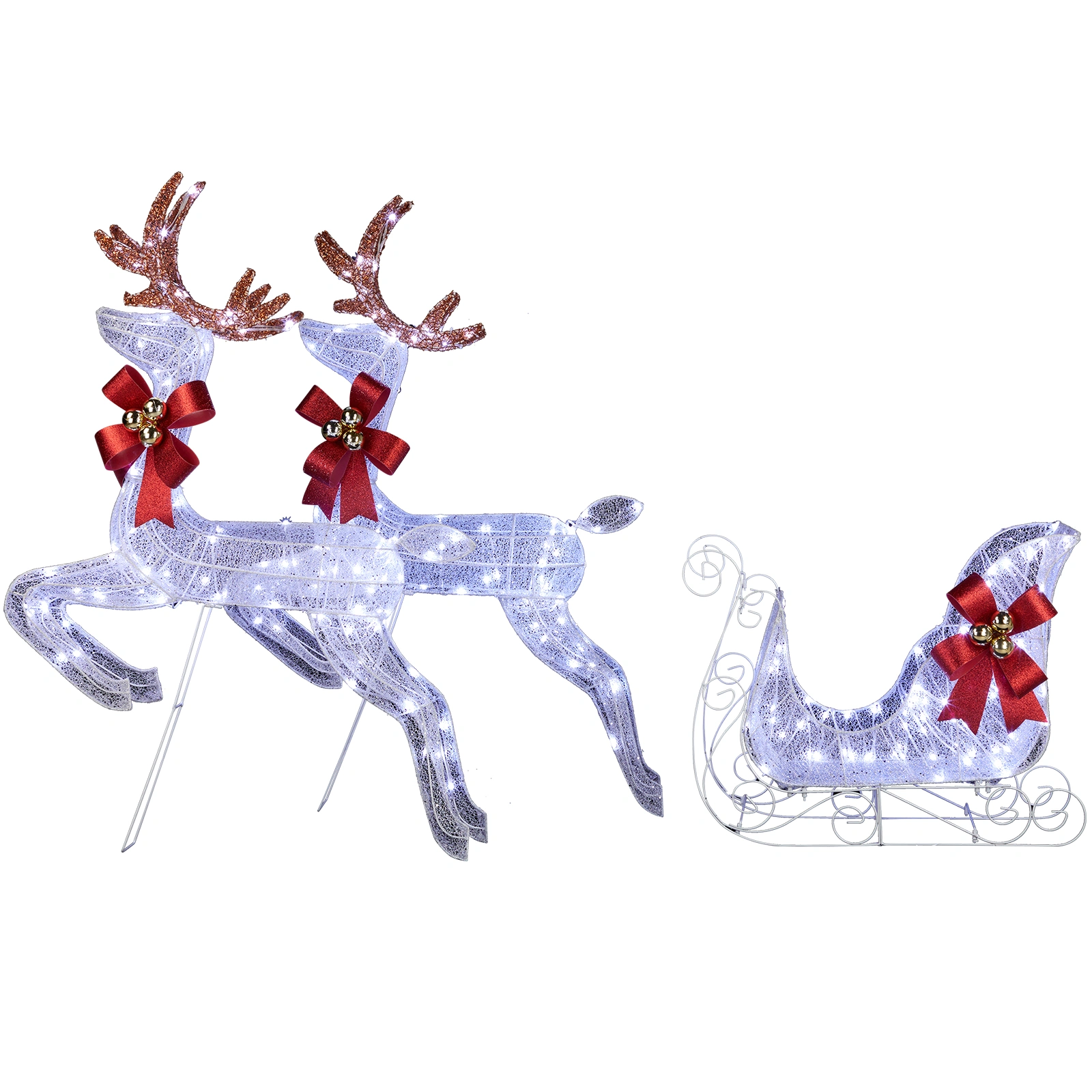 3-Piece Lighted Reindeer & Sleigh Outdoor Decor, Weatherproof Christmas Yard Decoration with 270 LED White Lights & Ground Stakes