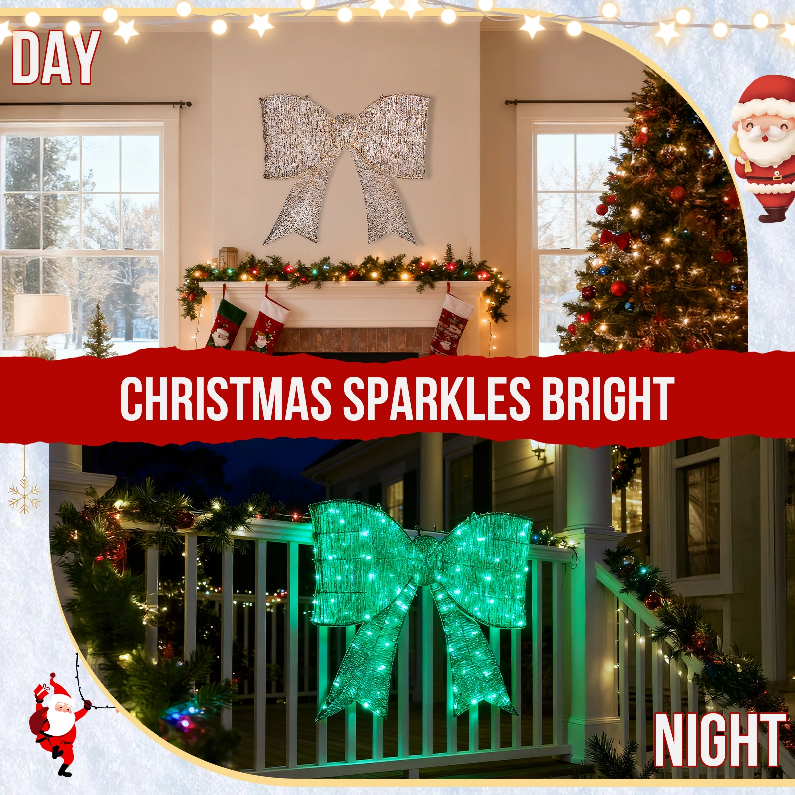 Pre-lit Outdoor Giant Bowknot Christmas Decoration, Lighted Metal Frame with 124 Green LED Lights, for Front Door Gate Wall Indoor Outdoor Holiday Party, Green view 14
