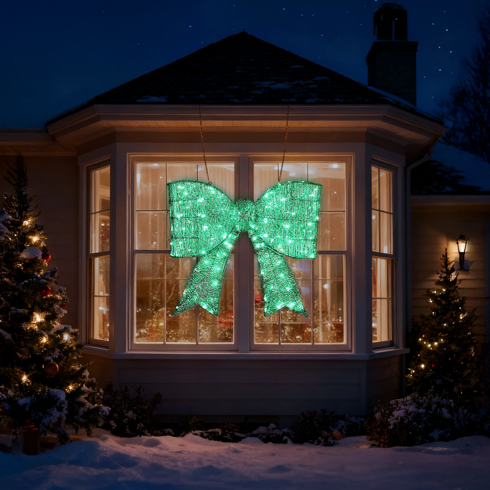 Pre-lit Outdoor Giant Bowknot Christmas Decoration, Lighted Metal Frame with 124 Green LED Lights, for Front Door Gate Wall Indoor Outdoor Holiday Party, Green view 3