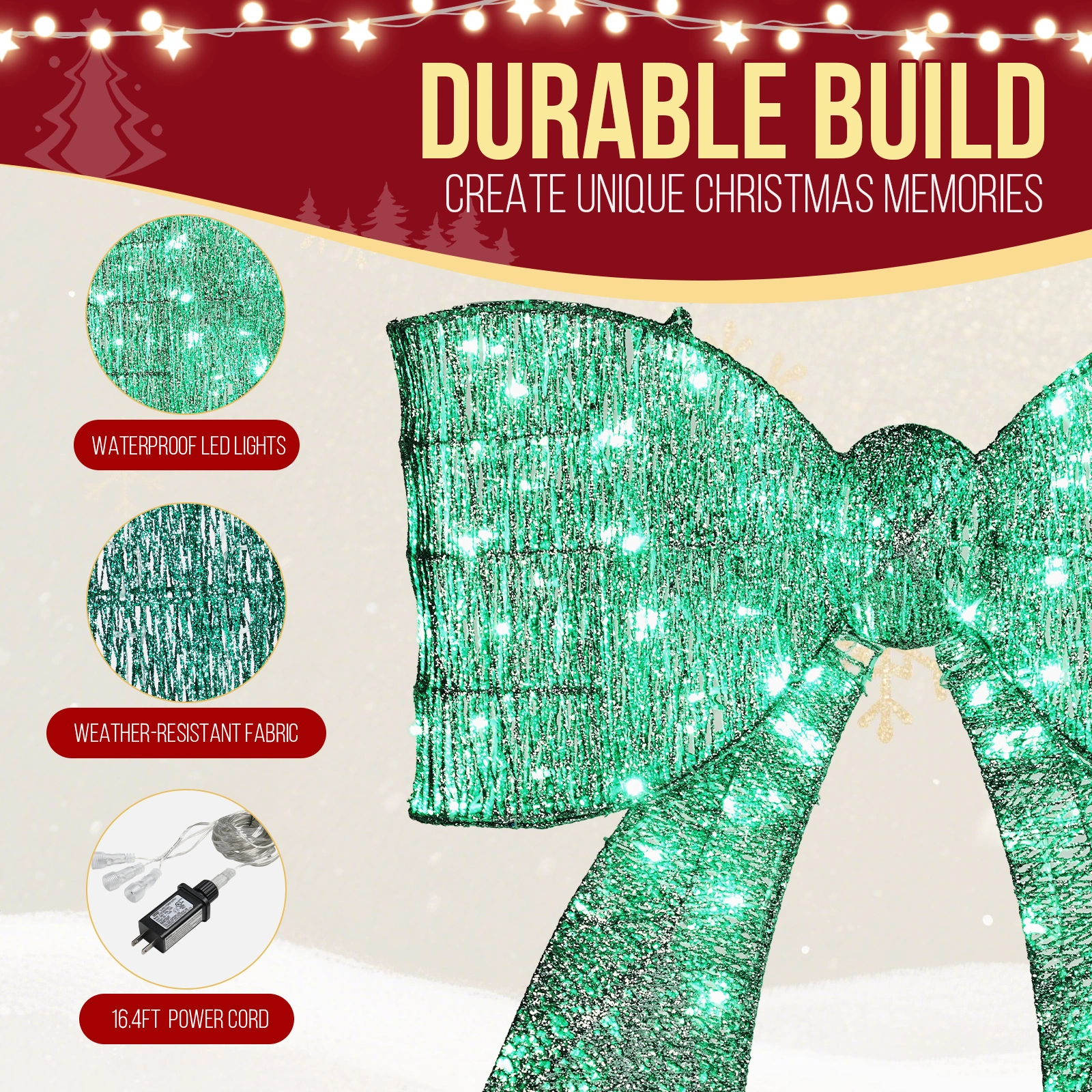 Pre-lit Outdoor Giant Bowknot Christmas Decoration, Lighted Metal Frame with 124 Green LED Lights, for Front Door Gate Wall Indoor Outdoor Holiday Party, Green view 7
