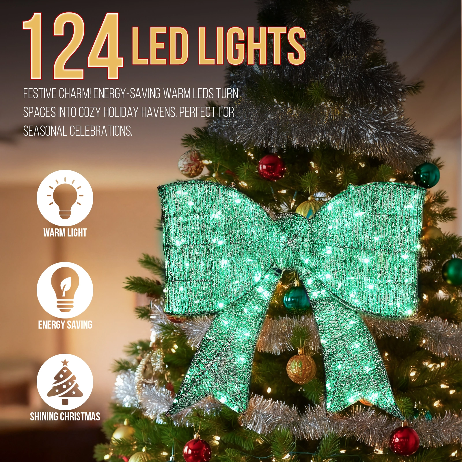 Pre-lit Outdoor Giant Bowknot Christmas Decoration, Lighted Metal Frame with 124 Green LED Lights, for Front Door Gate Wall Indoor Outdoor Holiday Party, Green view 8