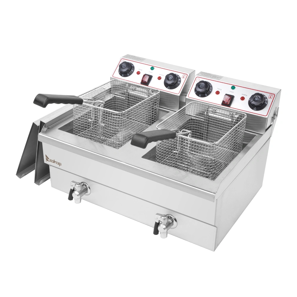ZOKOP EH102V Double Tank Deep Fryer 16.9QT/16L 8L+8L 24.9QT/23.6L Total 3400W Stainless Steel Faucet Blue Big Handle