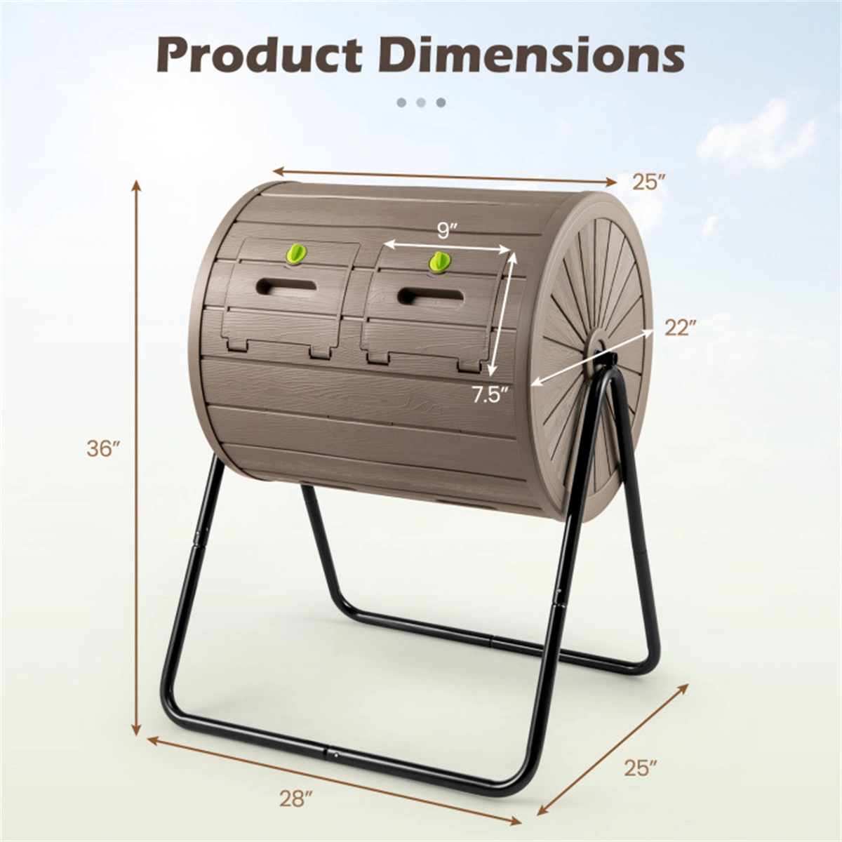 Dual Chamber Compost Tumbler 37.5Gal 360° Rotating Compost Bin with Stirring Blades for Garden-Coffee view 3