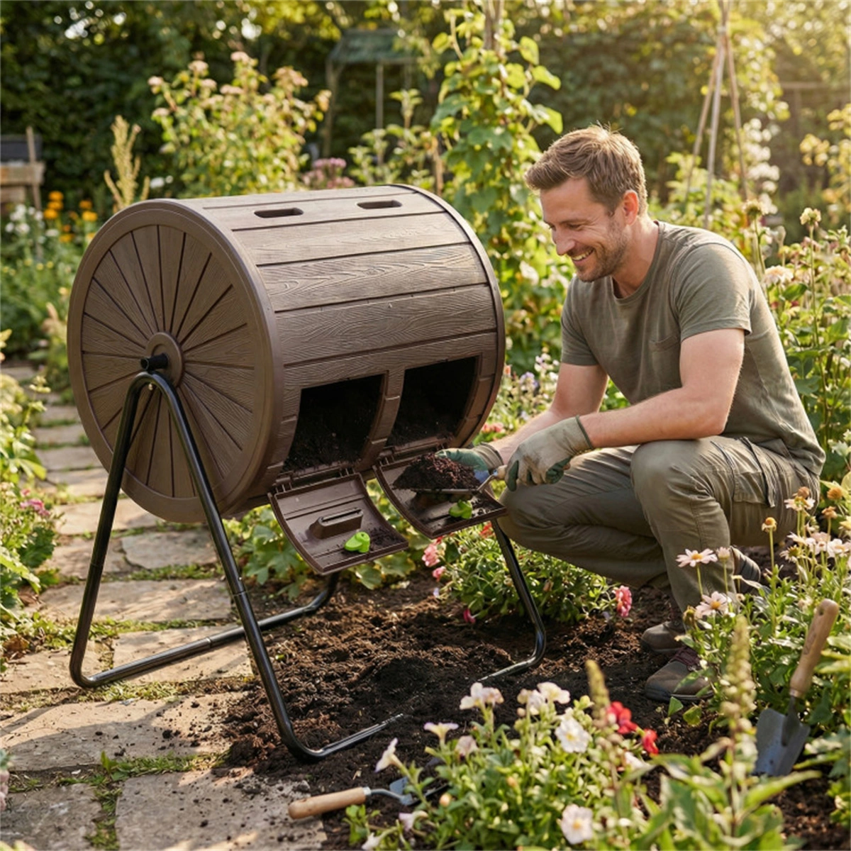 Dual Chamber Compost Tumbler 37.5Gal 360° Rotating Compost Bin with Stirring Blades for Garden-Coffee view 9
