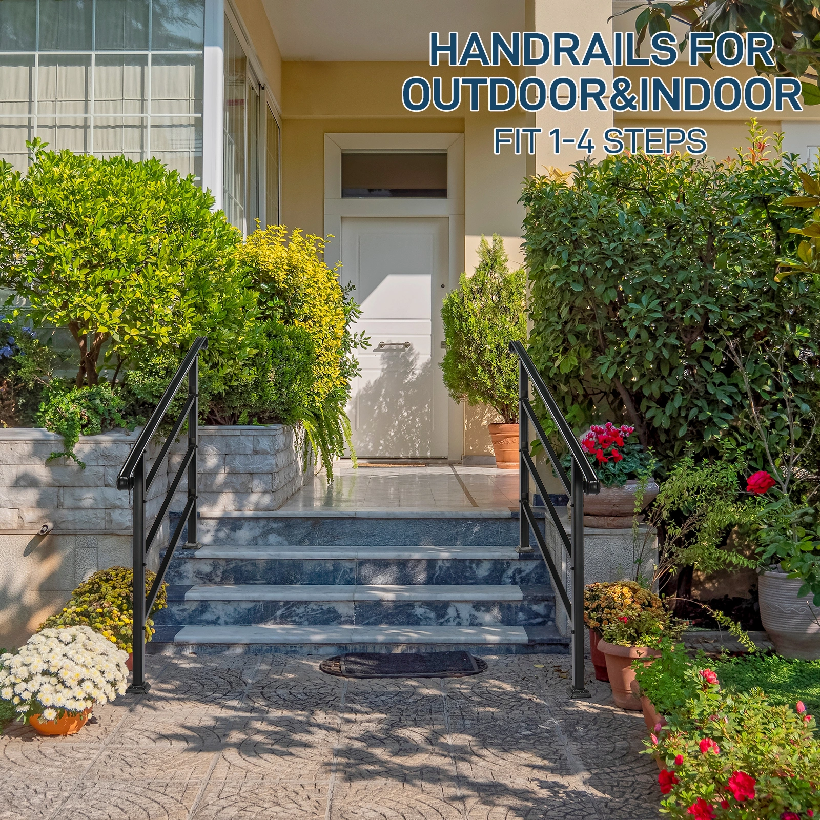 Handrails for Outdoor Steps, Wrought Iron Transitional Handrail Fits 1 to 4 Steps, Solid Wood With Installation Kit, Black view 2