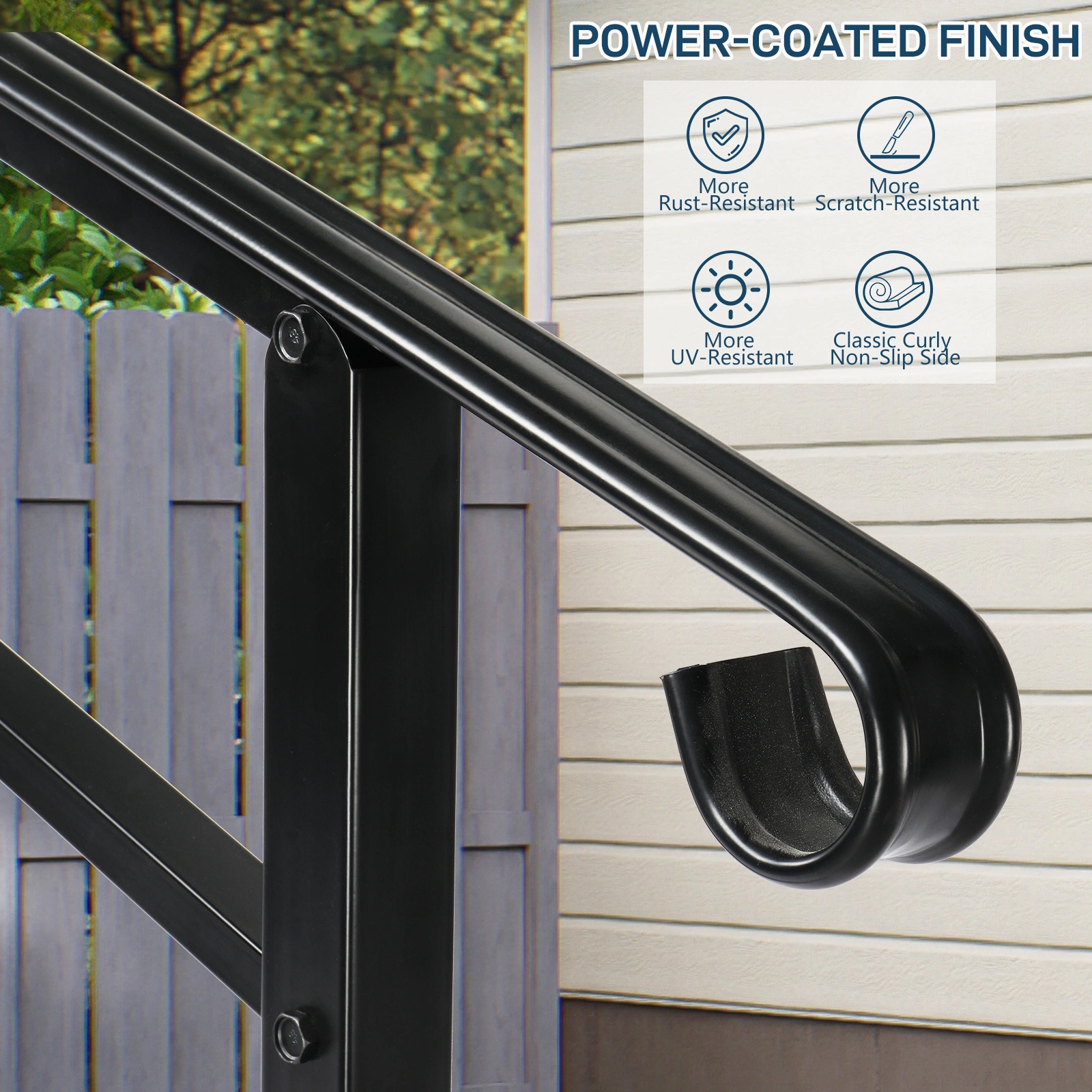 Handrails for Outdoor Steps, Wrought Iron Transitional Handrail Fits 1 to 4 Steps, Solid Wood With Installation Kit, Black view 3
