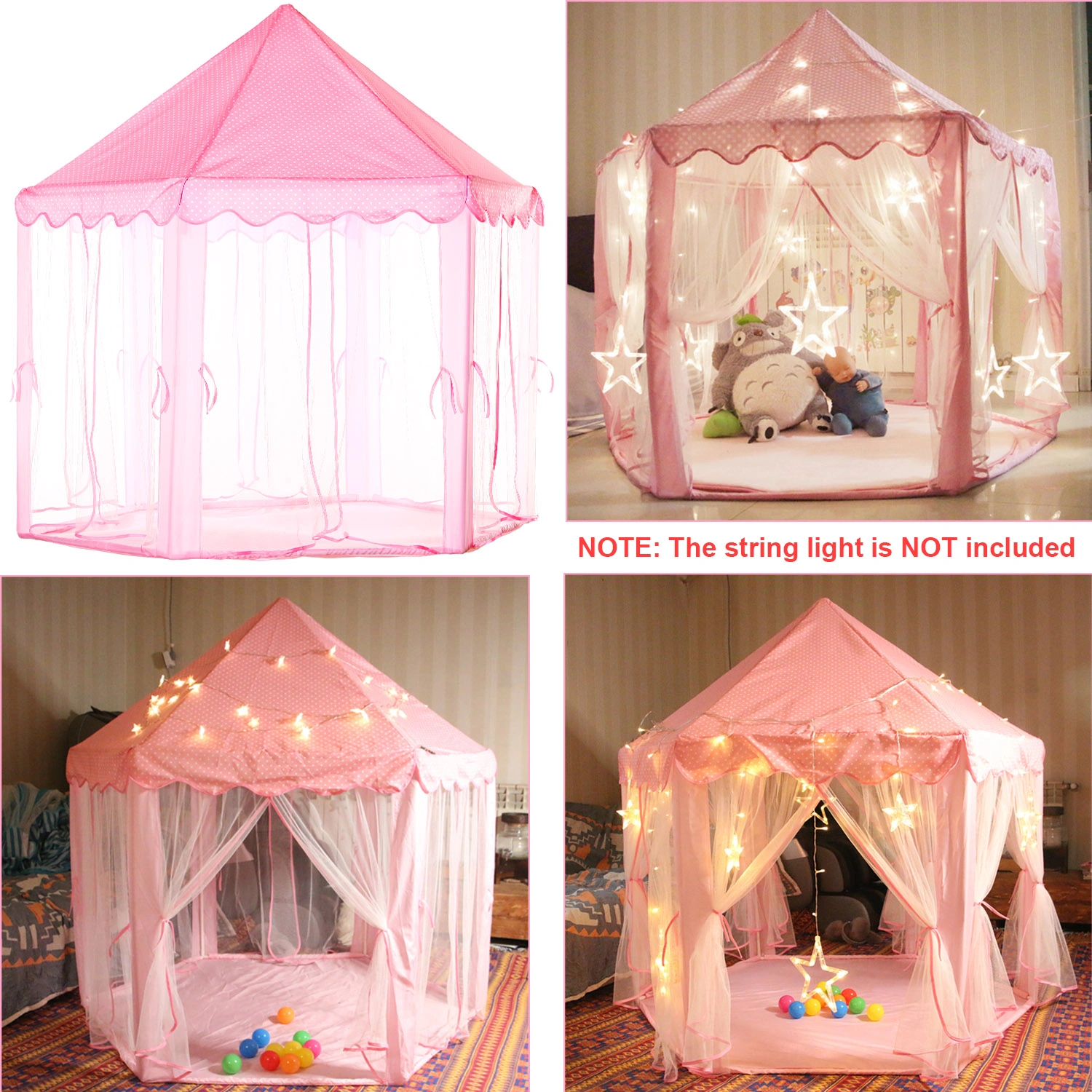 Foldable Princess Play Castle Tent for Girls, Large Space Playhouse with Breathable Mesh Doors, Stable Structure Indoor Outdoor Play Tent, Ideal Gift for Toddler Girls Play & Relax-pink view 10