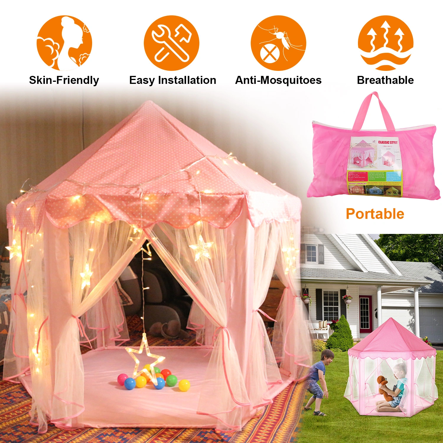 Foldable Princess Play Castle Tent for Girls, Large Space Playhouse with Breathable Mesh Doors, Stable Structure Indoor Outdoor Play Tent, Ideal Gift for Toddler Girls Play & Relax-pink view 2