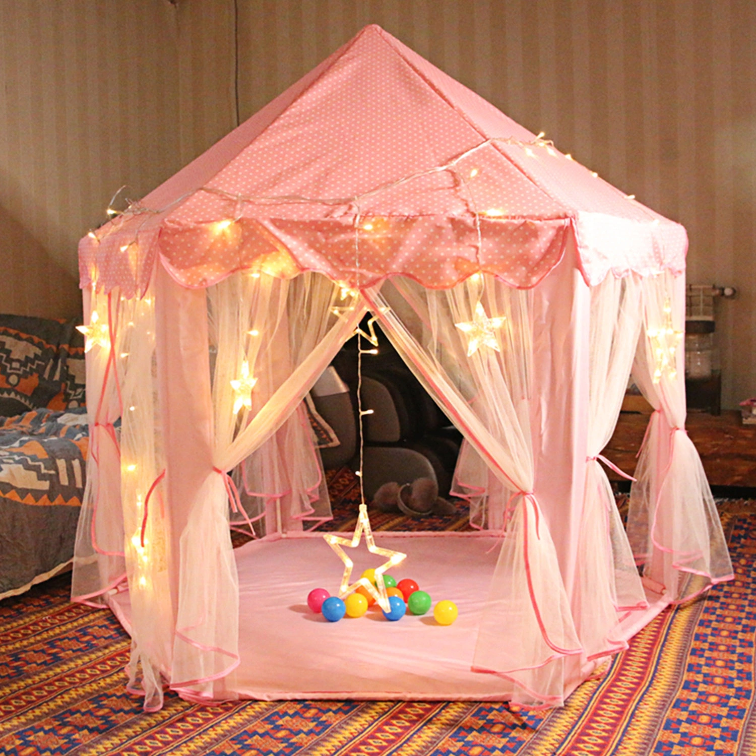 Foldable Princess Play Castle Tent for Girls, Large Space Playhouse with Breathable Mesh Doors, Stable Structure Indoor Outdoor Play Tent, Ideal Gift for Toddler Girls Play & Relax-pink view 3