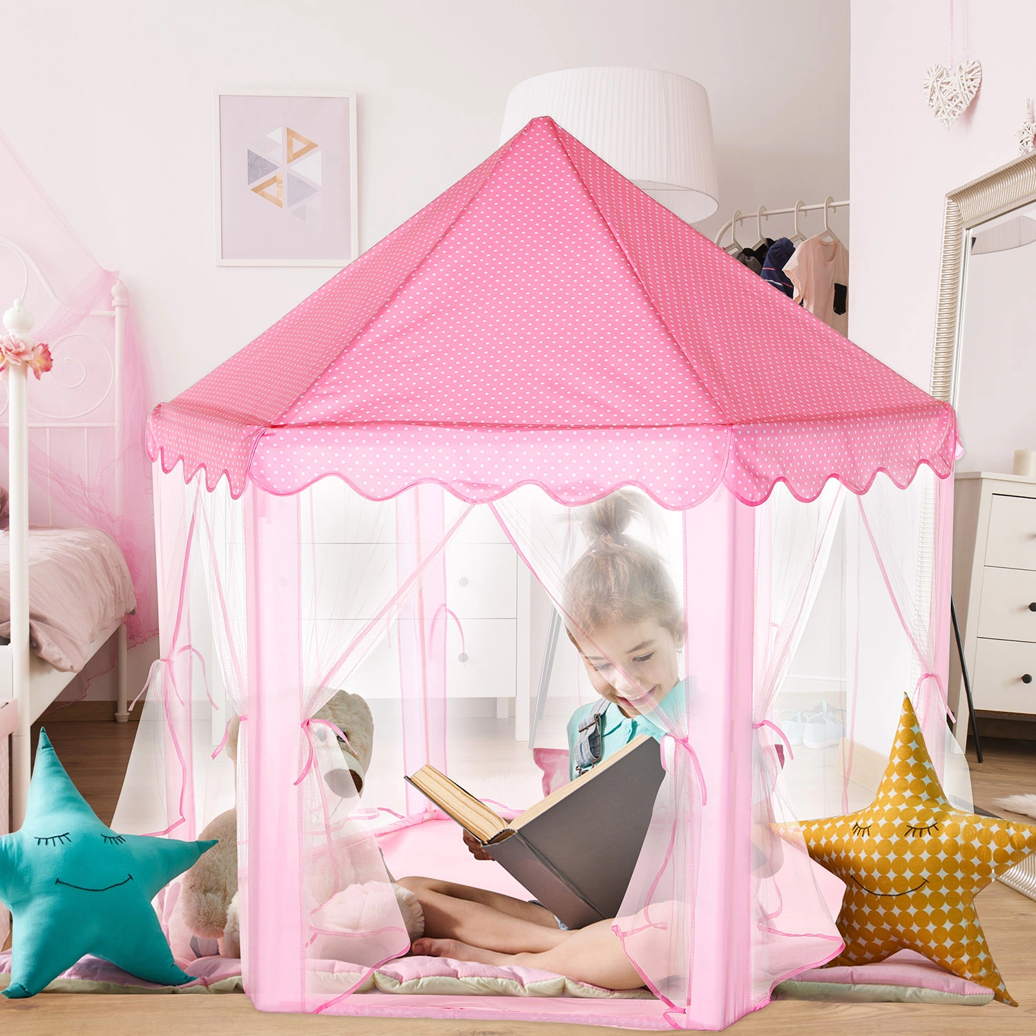 Foldable Princess Play Castle Tent for Girls, Large Space Playhouse with Breathable Mesh Doors, Stable Structure Indoor Outdoor Play Tent, Ideal Gift for Toddler Girls Play & Relax-pink view 5