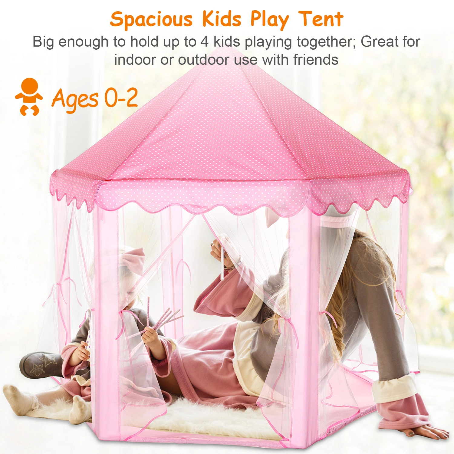 Foldable Princess Play Castle Tent for Girls, Large Space Playhouse with Breathable Mesh Doors, Stable Structure Indoor Outdoor Play Tent, Ideal Gift for Toddler Girls Play & Relax-pink view 6