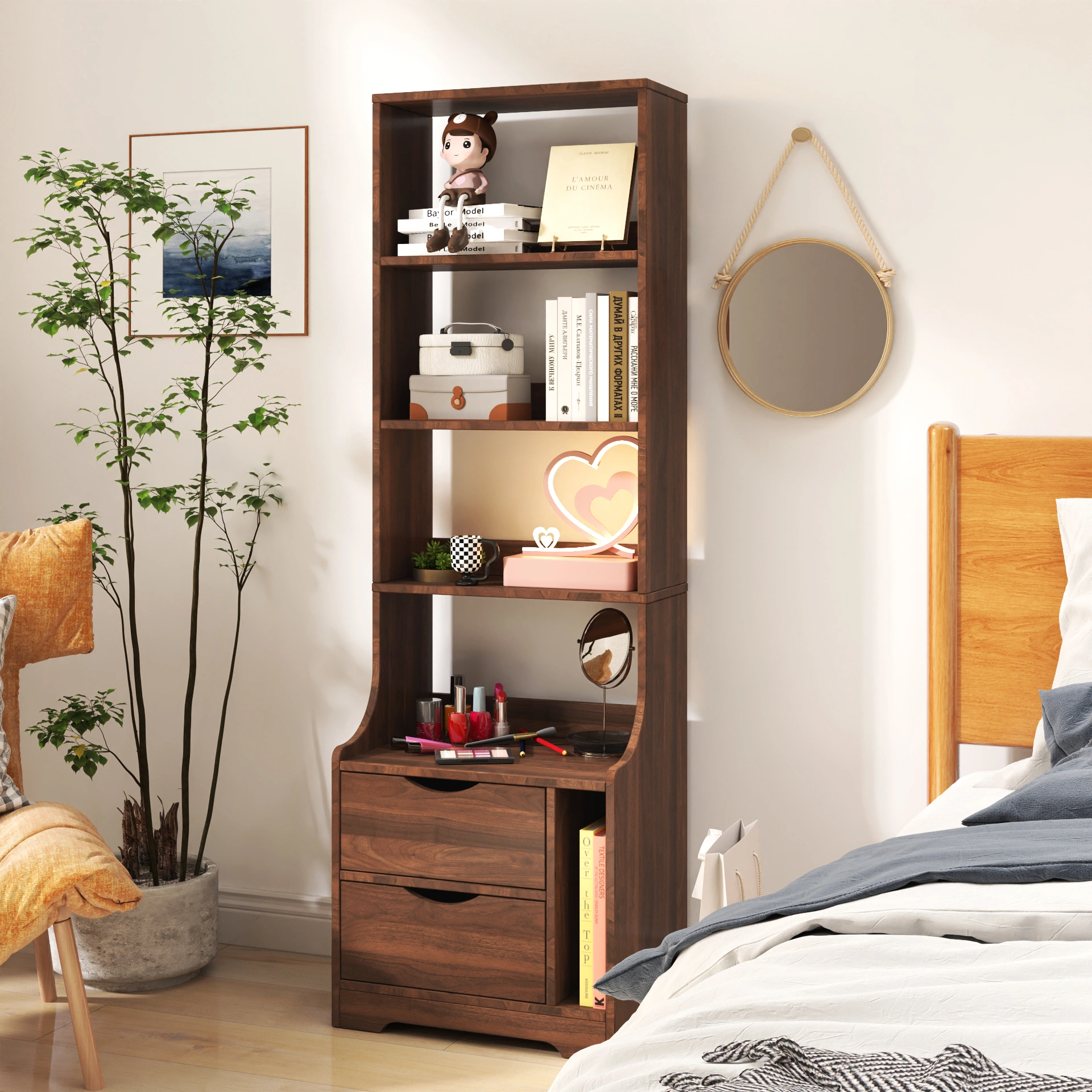 Night Stand with Bookshelf, Night Stand with 2 Storage Drawers for Bedroom view 2
