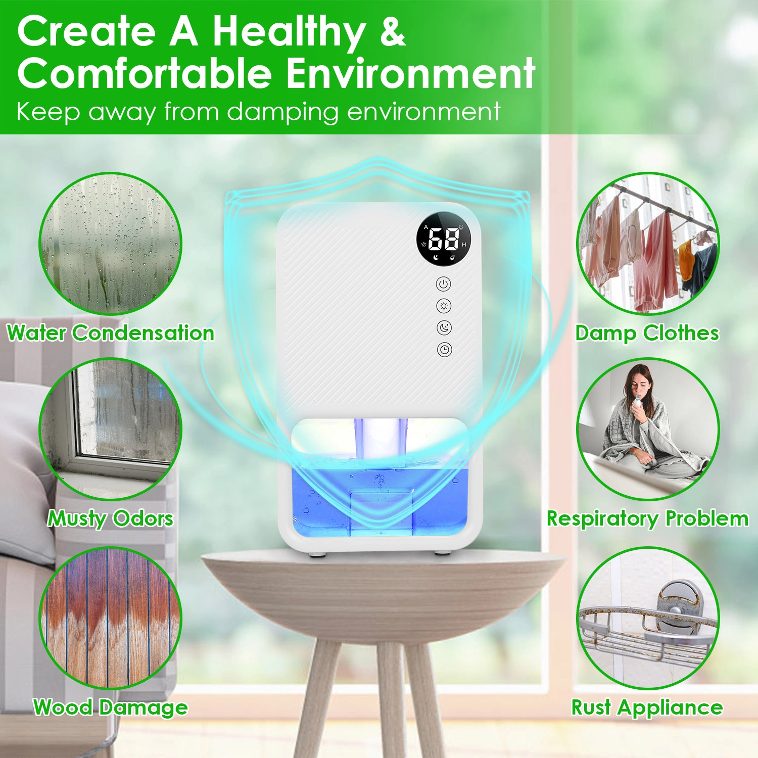 Small Household Dehumidifier for Bathroom Closet RV, Real‑Time Humidity Readout, 1.1L Tank Auto Shut‑Off, 24H Timer and 7‑Color Night Light view 10