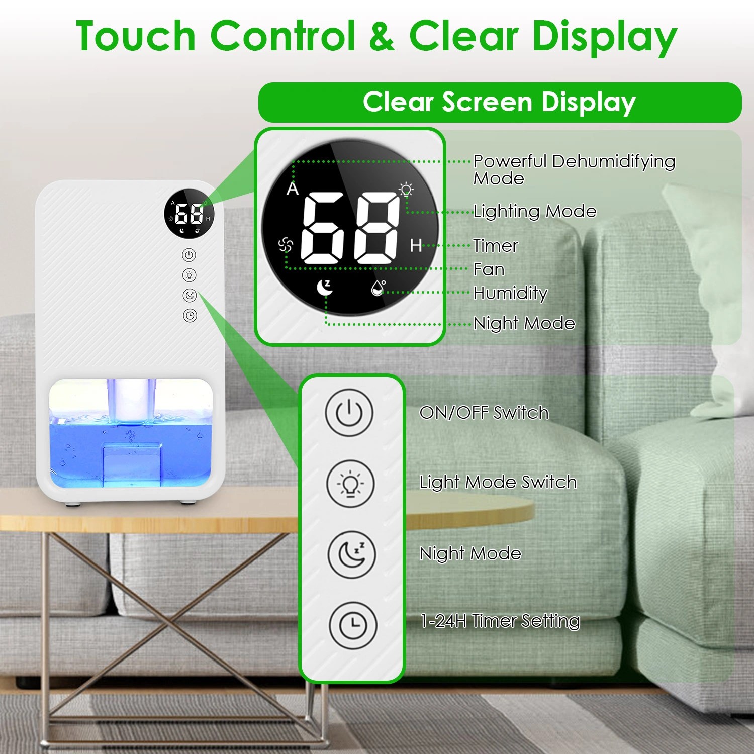 Small Household Dehumidifier for Bathroom Closet RV, Real‑Time Humidity Readout, 1.1L Tank Auto Shut‑Off, 24H Timer and 7‑Color Night Light view 4