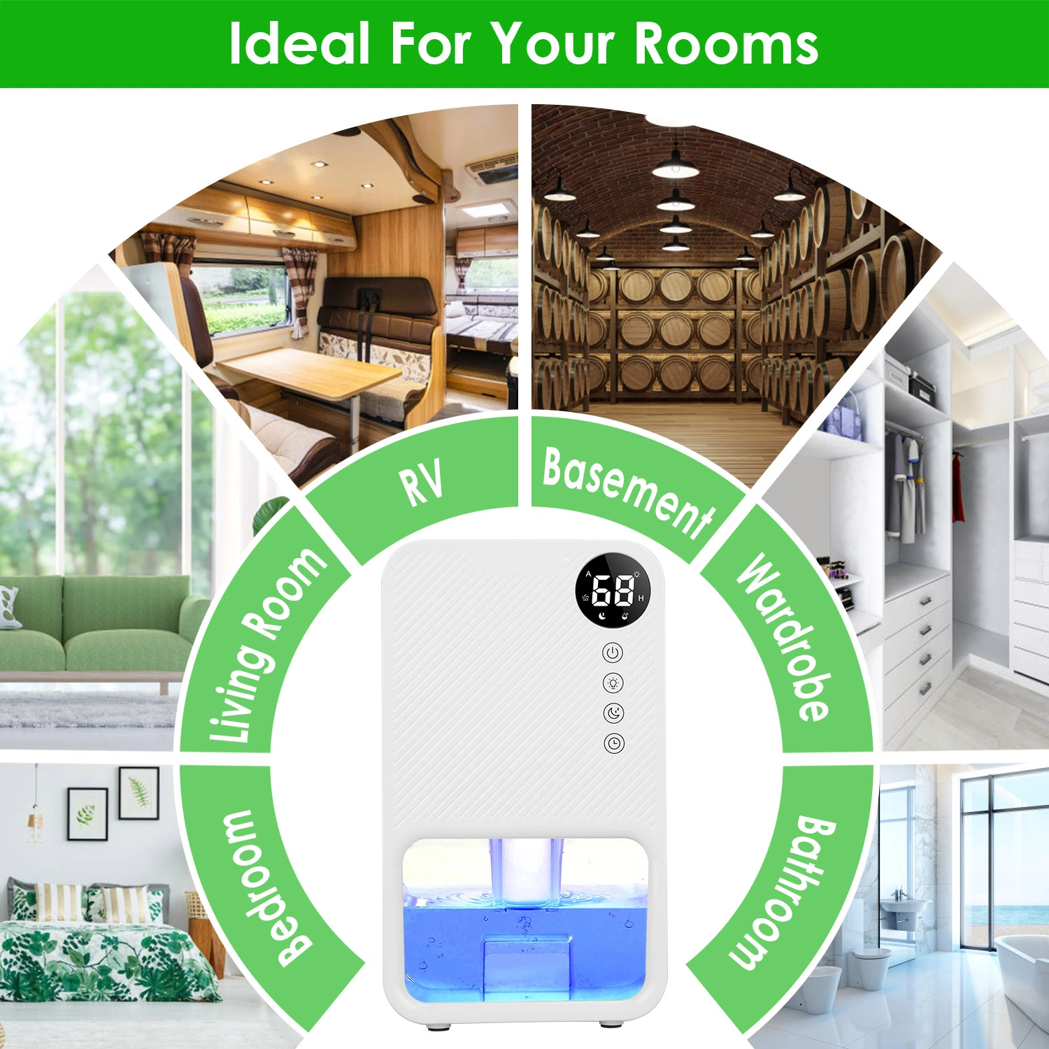 Small Household Dehumidifier for Bathroom Closet RV, Real‑Time Humidity Readout, 1.1L Tank Auto Shut‑Off, 24H Timer and 7‑Color Night Light view 5