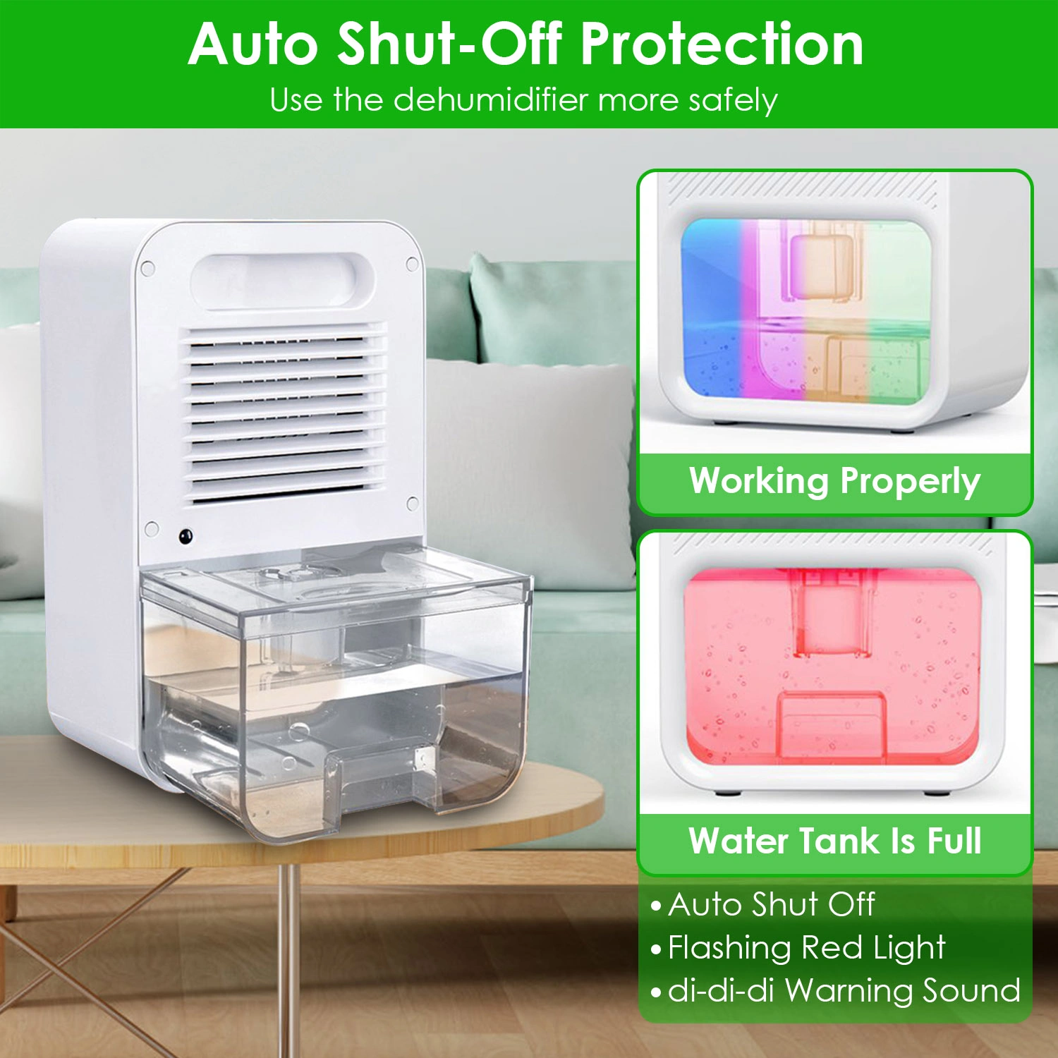 Small Household Dehumidifier for Bathroom Closet RV, Real‑Time Humidity Readout, 1.1L Tank Auto Shut‑Off, 24H Timer and 7‑Color Night Light view 6
