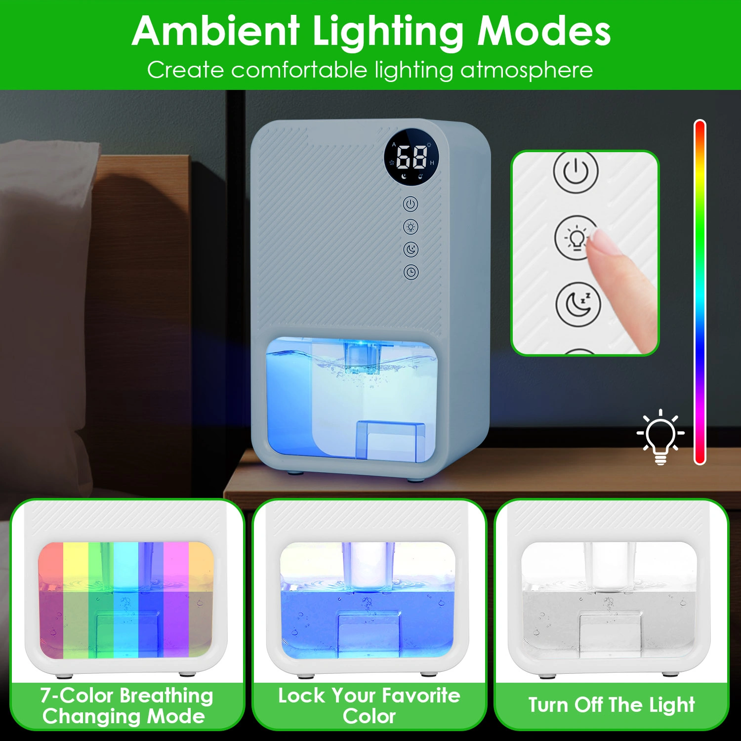 Small Household Dehumidifier for Bathroom Closet RV, Real‑Time Humidity Readout, 1.1L Tank Auto Shut‑Off, 24H Timer and 7‑Color Night Light view 7