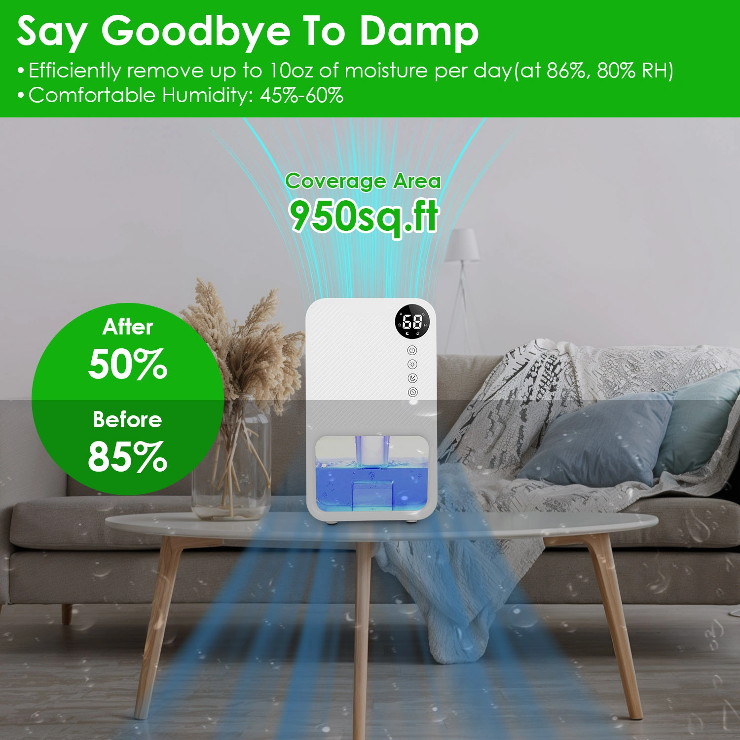 Small Household Dehumidifier for Bathroom Closet RV, Real‑Time Humidity Readout, 1.1L Tank Auto Shut‑Off, 24H Timer and 7‑Color Night Light view 8
