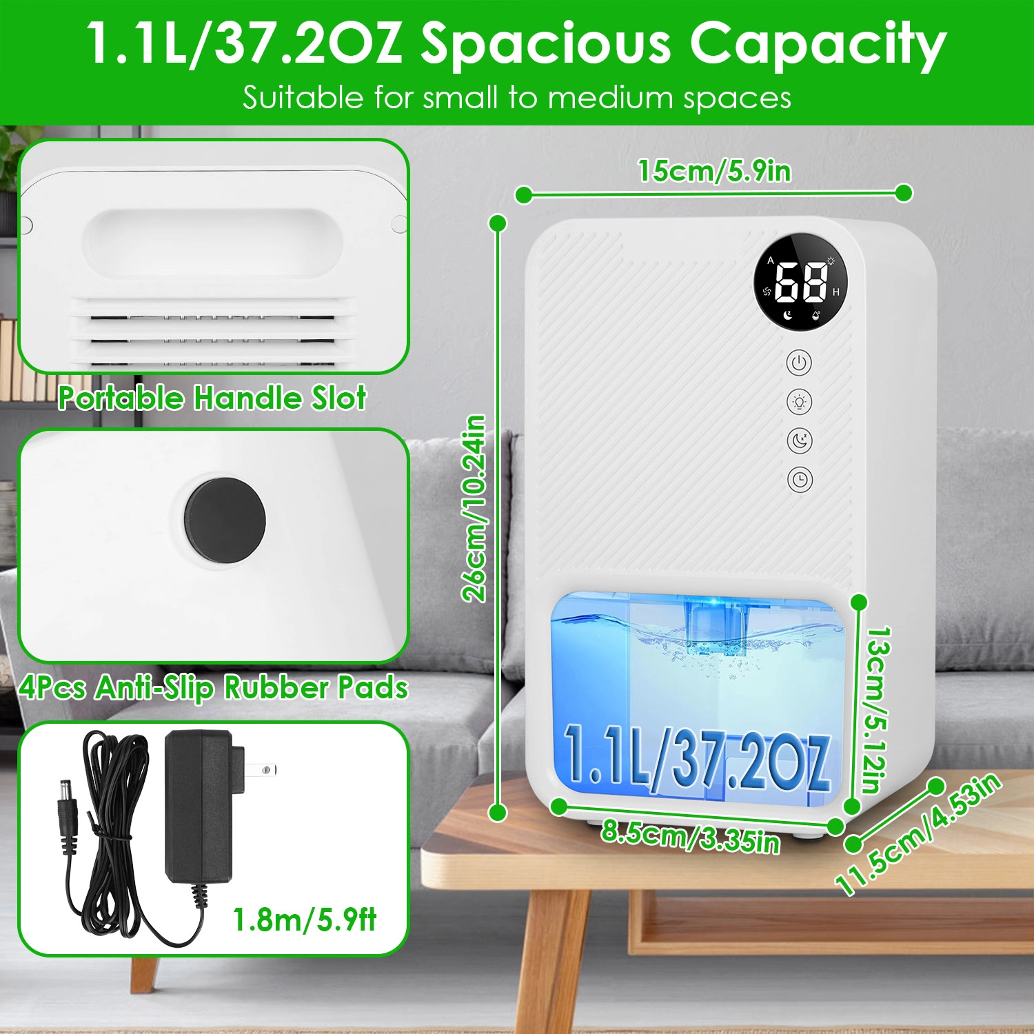 Small Household Dehumidifier for Bathroom Closet RV, Real‑Time Humidity Readout, 1.1L Tank Auto Shut‑Off, 24H Timer and 7‑Color Night Light view 9