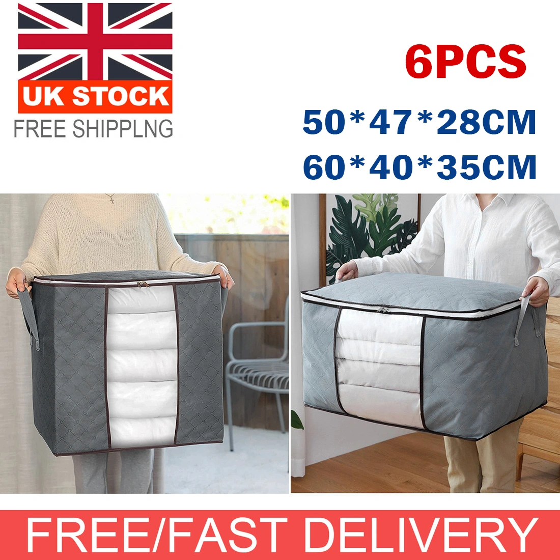 6 Pack 90L Storage Bags with Zipper, Clothes Bedding Toys Organizer Bags 60x40x35cm, Moving Packing Compression Bags view 2