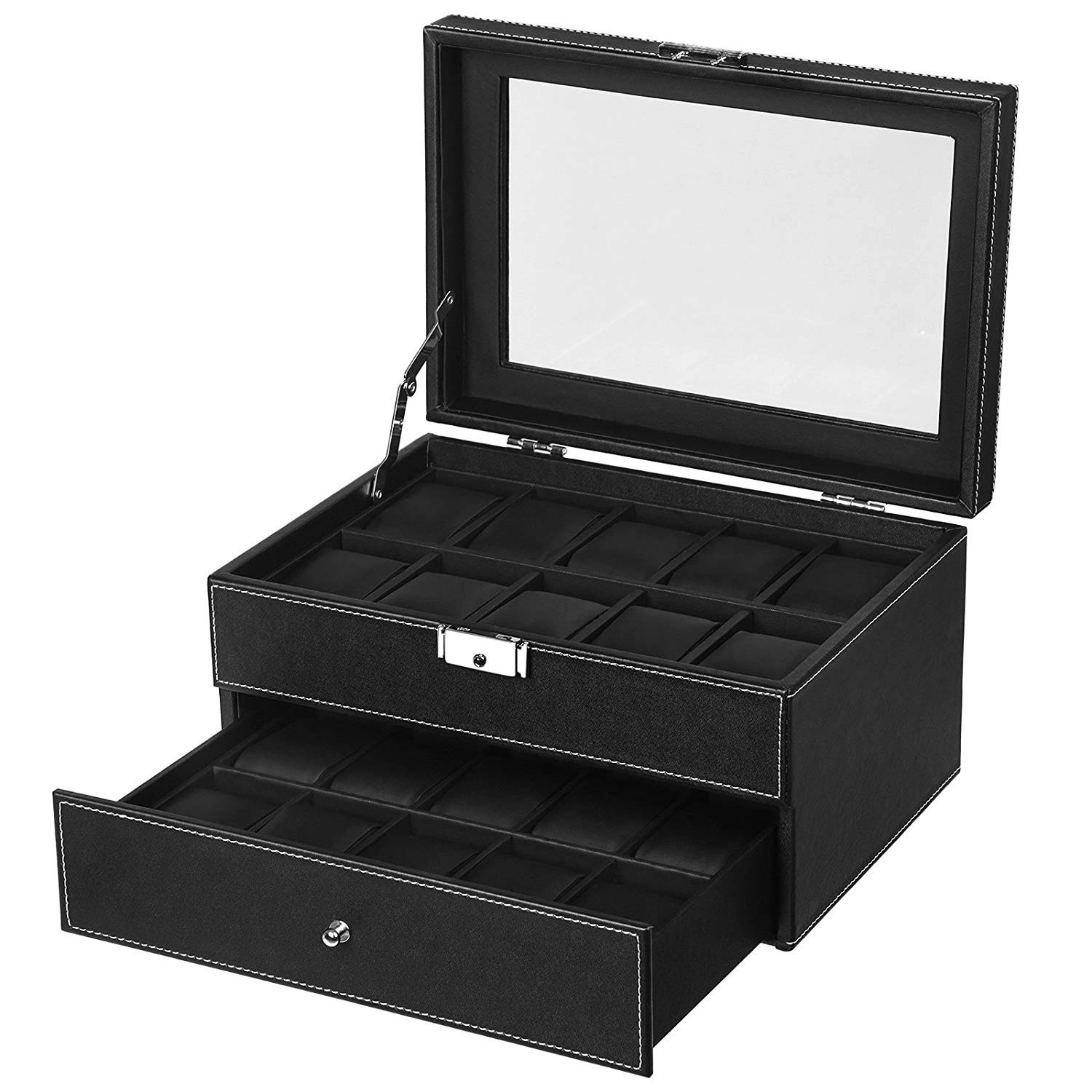 20 Watch Box Organizer Mens Glass Top Display Case Lockable Jewelry Storage Black