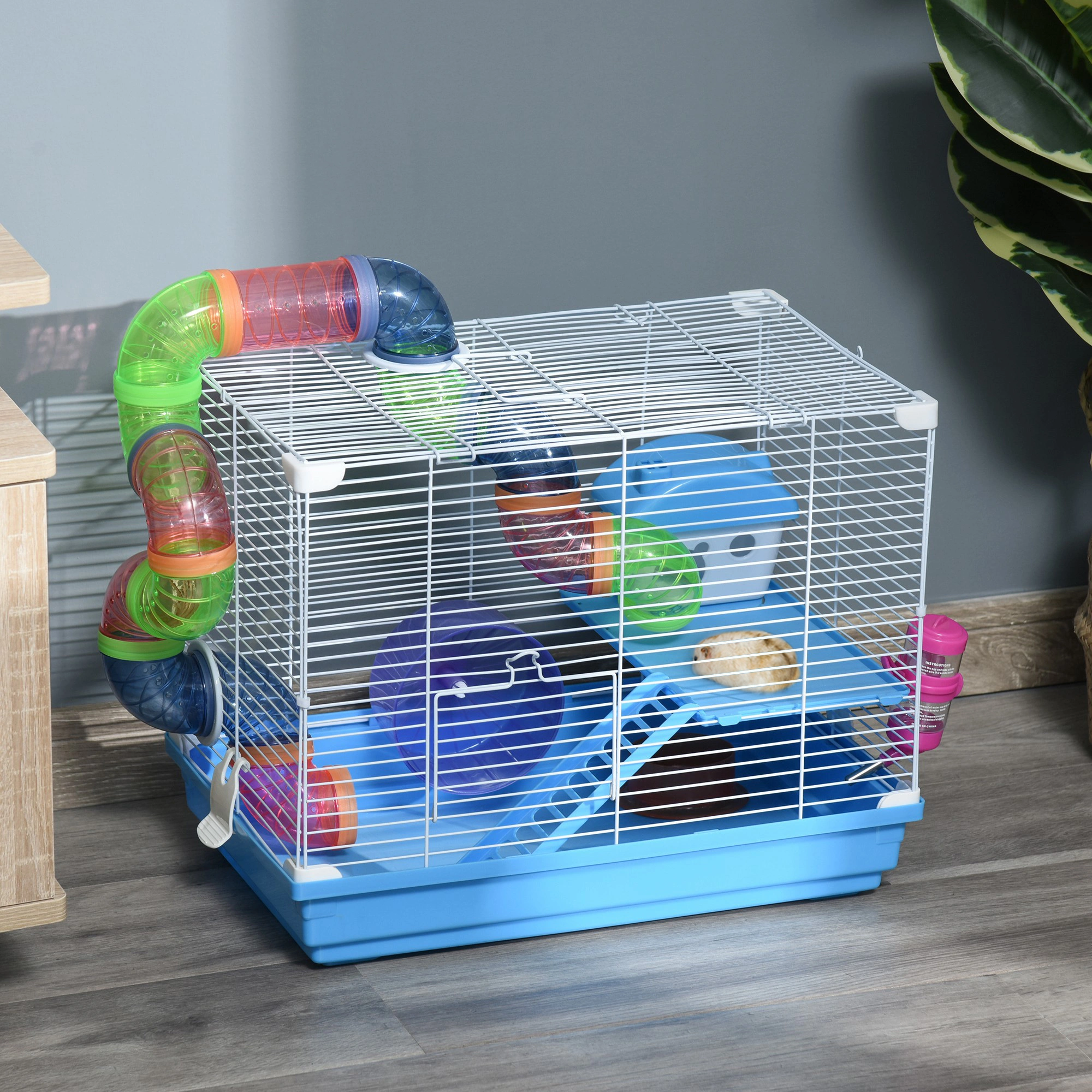 Large Hamster Cage with Tube System, Multi-Level Pet Cage for Small Animals, Includes Hideout House, Food Bowl & Water Bottle, Easy Assembly, Black