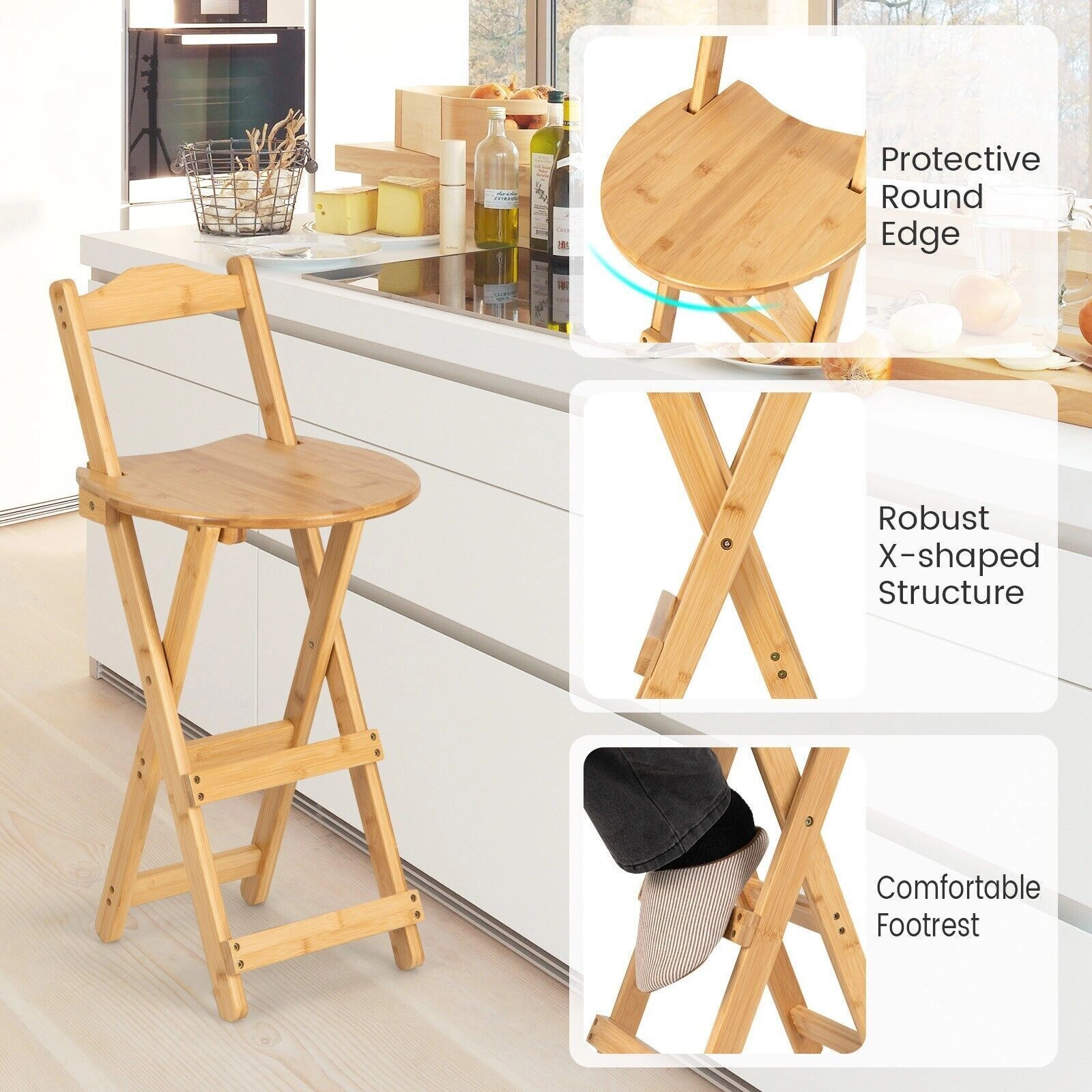 Bamboo Folding Bar Stool with Backrest, Wooden Counter Height Kitchen Stool, Space-Saving Stackable Bar Chairs view 2