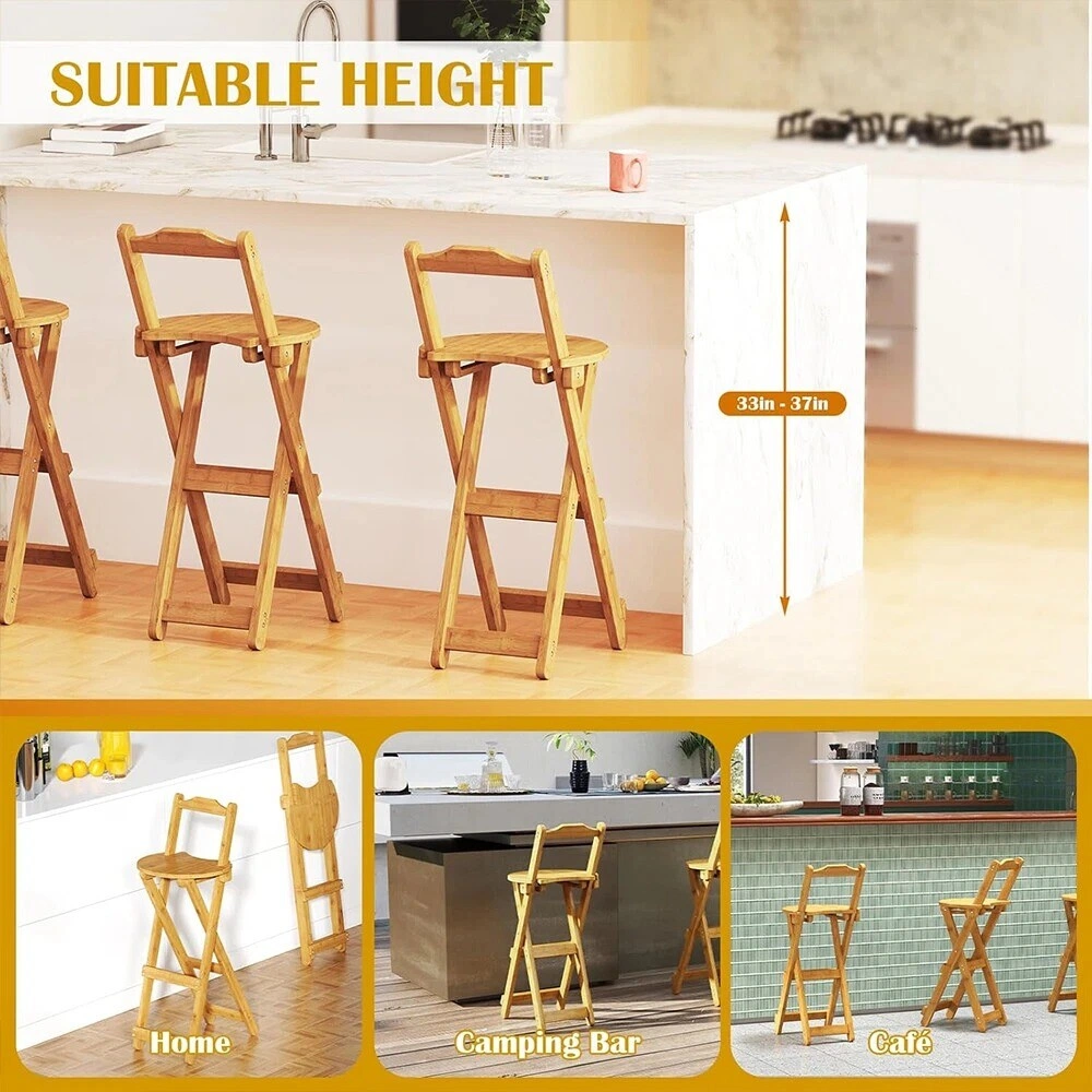 Bamboo Folding Bar Stool with Backrest, Wooden Counter Height Kitchen Stool, Space-Saving Stackable Bar Chairs view 3