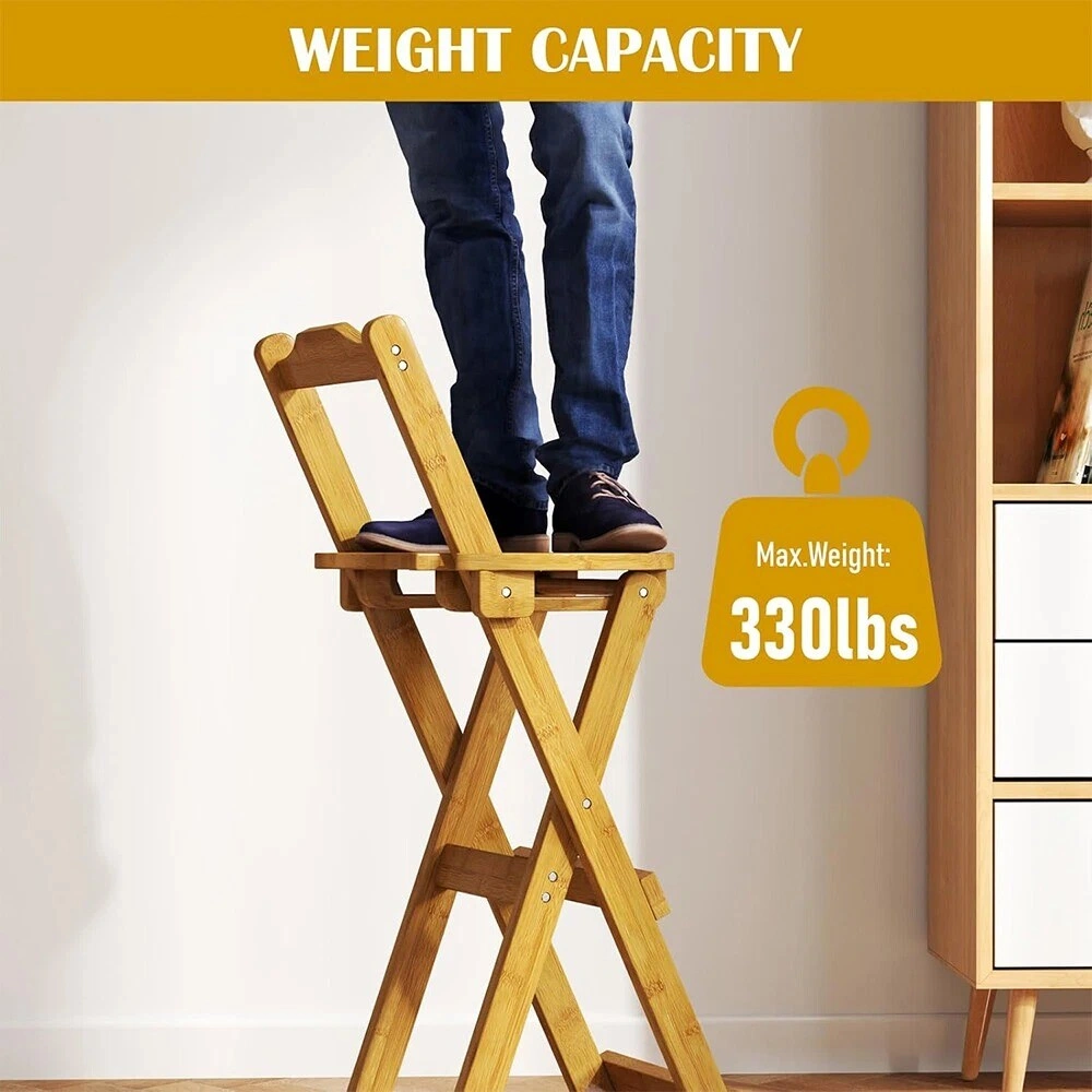Bamboo Folding Bar Stool with Backrest, Wooden Counter Height Kitchen Stool, Space-Saving Stackable Bar Chairs view 5