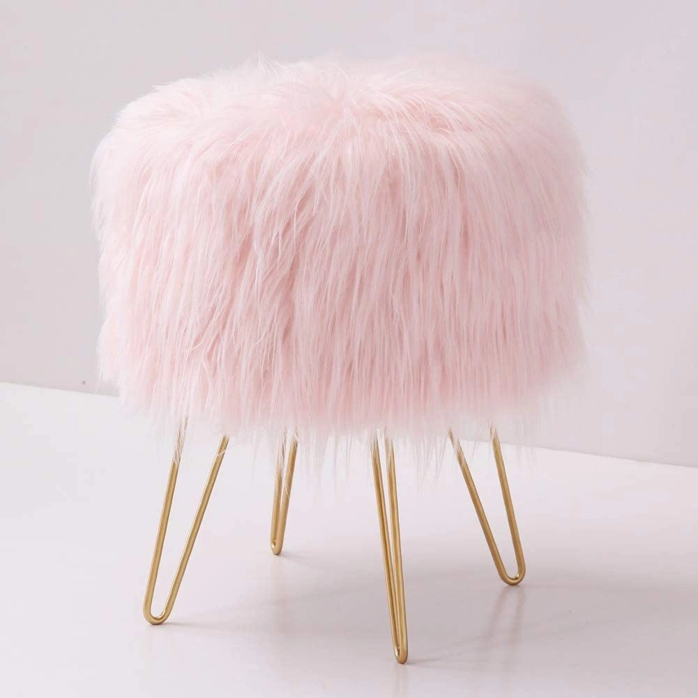 Pink Faux Fur Vanity Stool Ottoman with Golden Metal Legs, Fluffy Dressing Table Stool for Bedroom Living Room Decor view 2