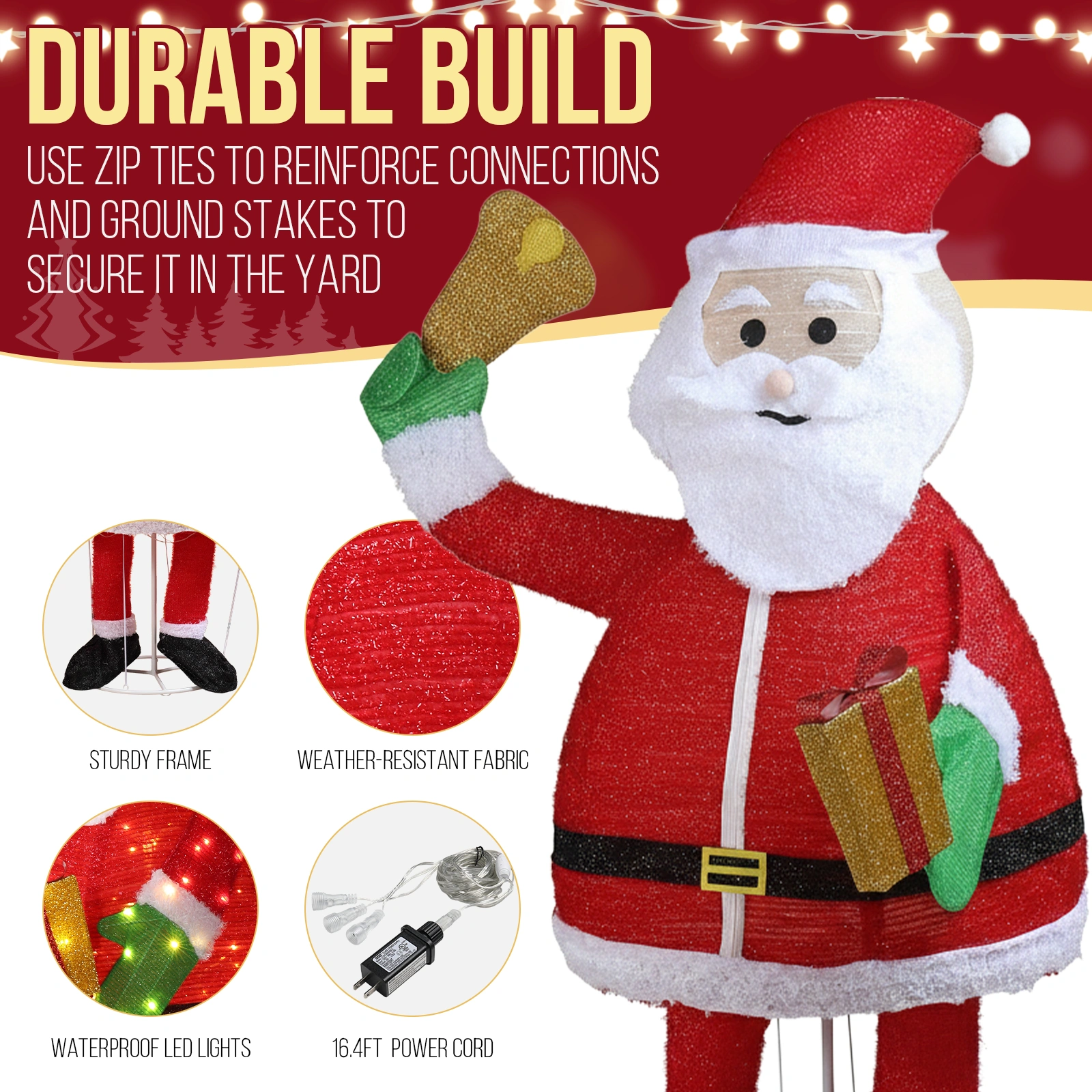 6FT Lighted Santa Claus Holding Bell Christmas Yard Decorations, Pre-lit Pull Up Santa with 200 Warm White LEDs, for Xmas Outdoor Holiday Indoor Decor Lighted Holiday Displays view 11