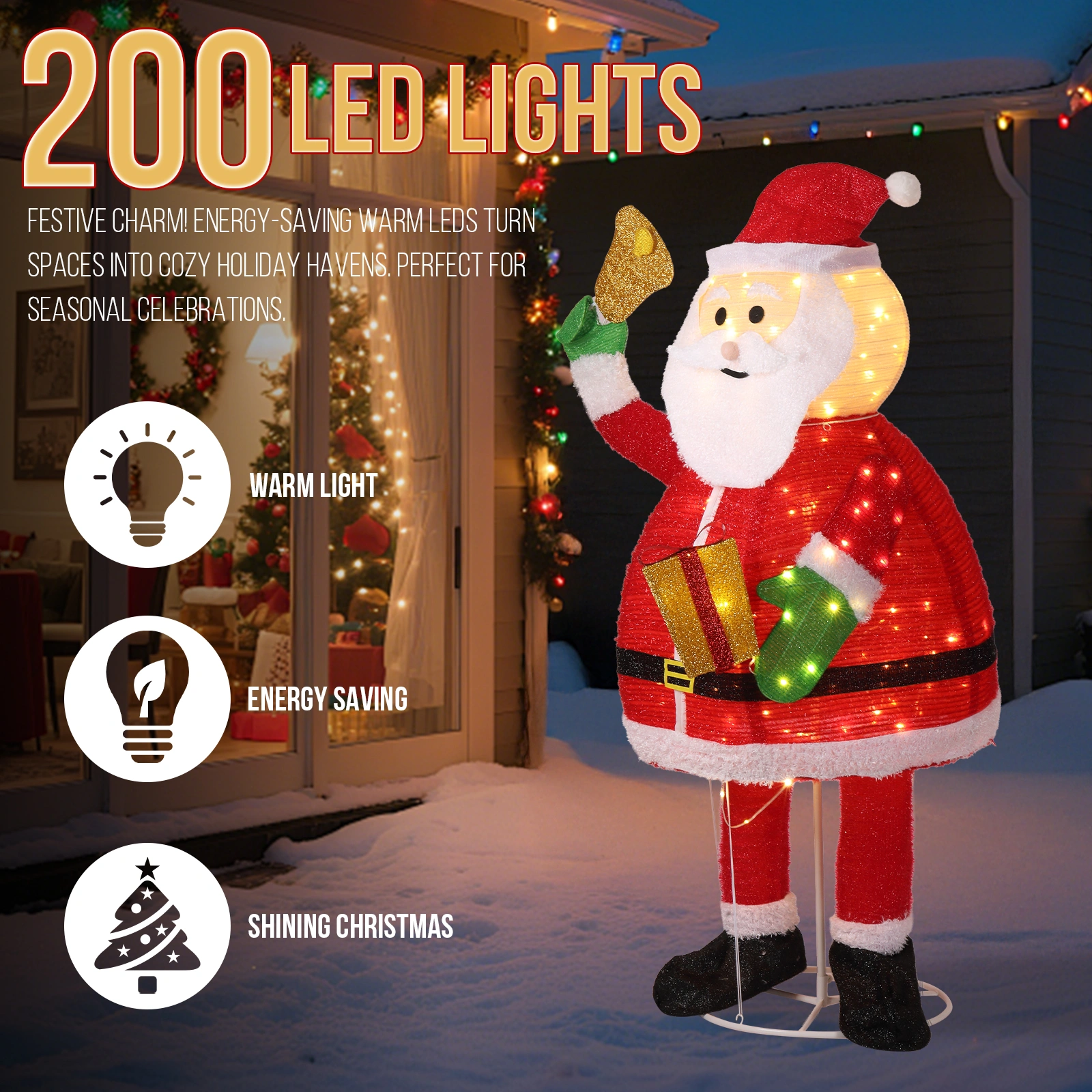 6FT Lighted Santa Claus Holding Bell Christmas Yard Decorations, Pre-lit Pull Up Santa with 200 Warm White LEDs, for Xmas Outdoor Holiday Indoor Decor Lighted Holiday Displays view 14