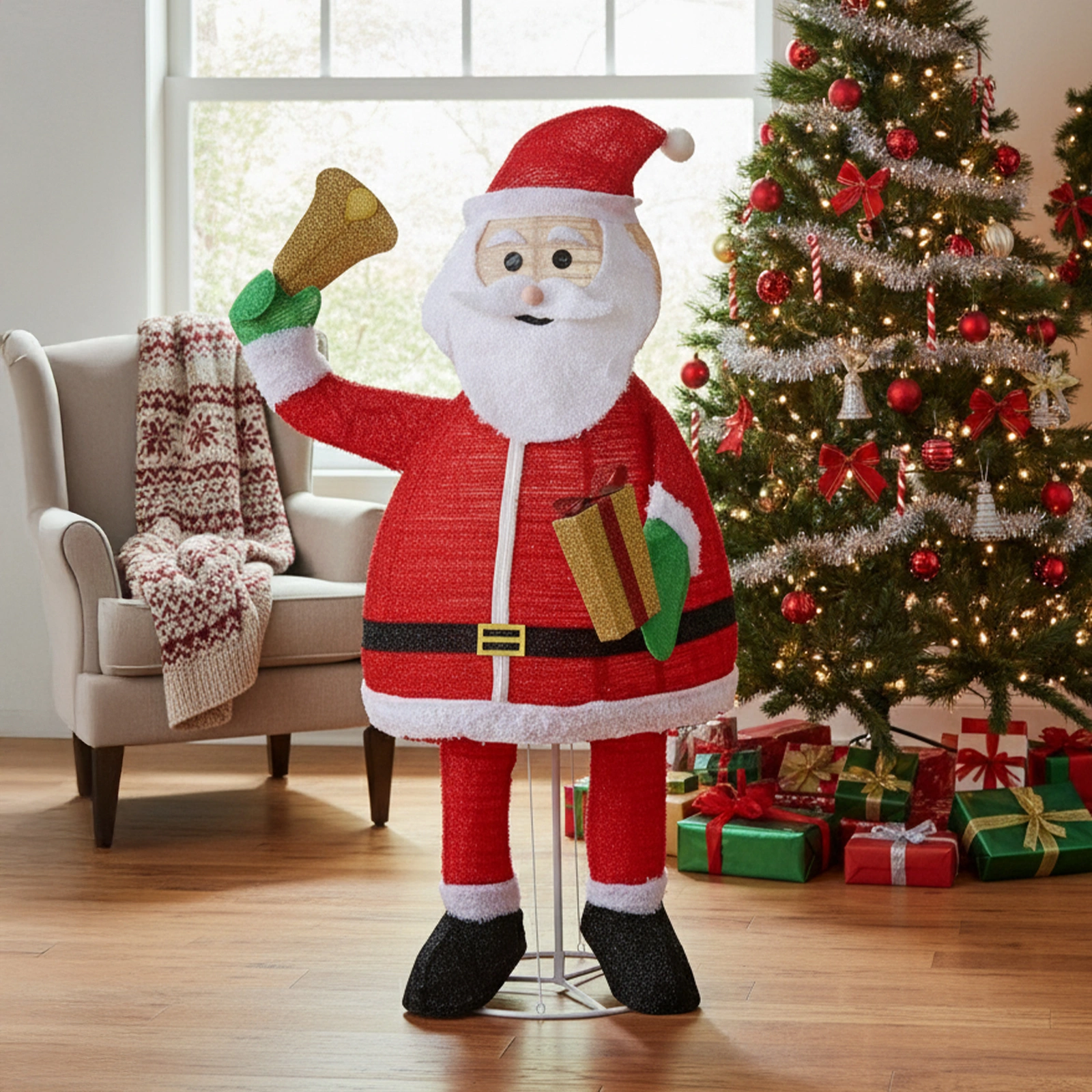 6FT Lighted Santa Claus Holding Bell Christmas Yard Decorations, Pre-lit Pull Up Santa with 200 Warm White LEDs, for Xmas Outdoor Holiday Indoor Decor Lighted Holiday Displays view 3