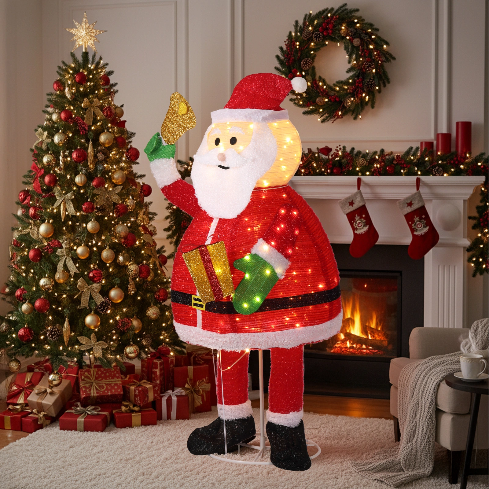 6FT Lighted Santa Claus Holding Bell Christmas Yard Decorations, Pre-lit Pull Up Santa with 200 Warm White LEDs, for Xmas Outdoor Holiday Indoor Decor Lighted Holiday Displays view 6