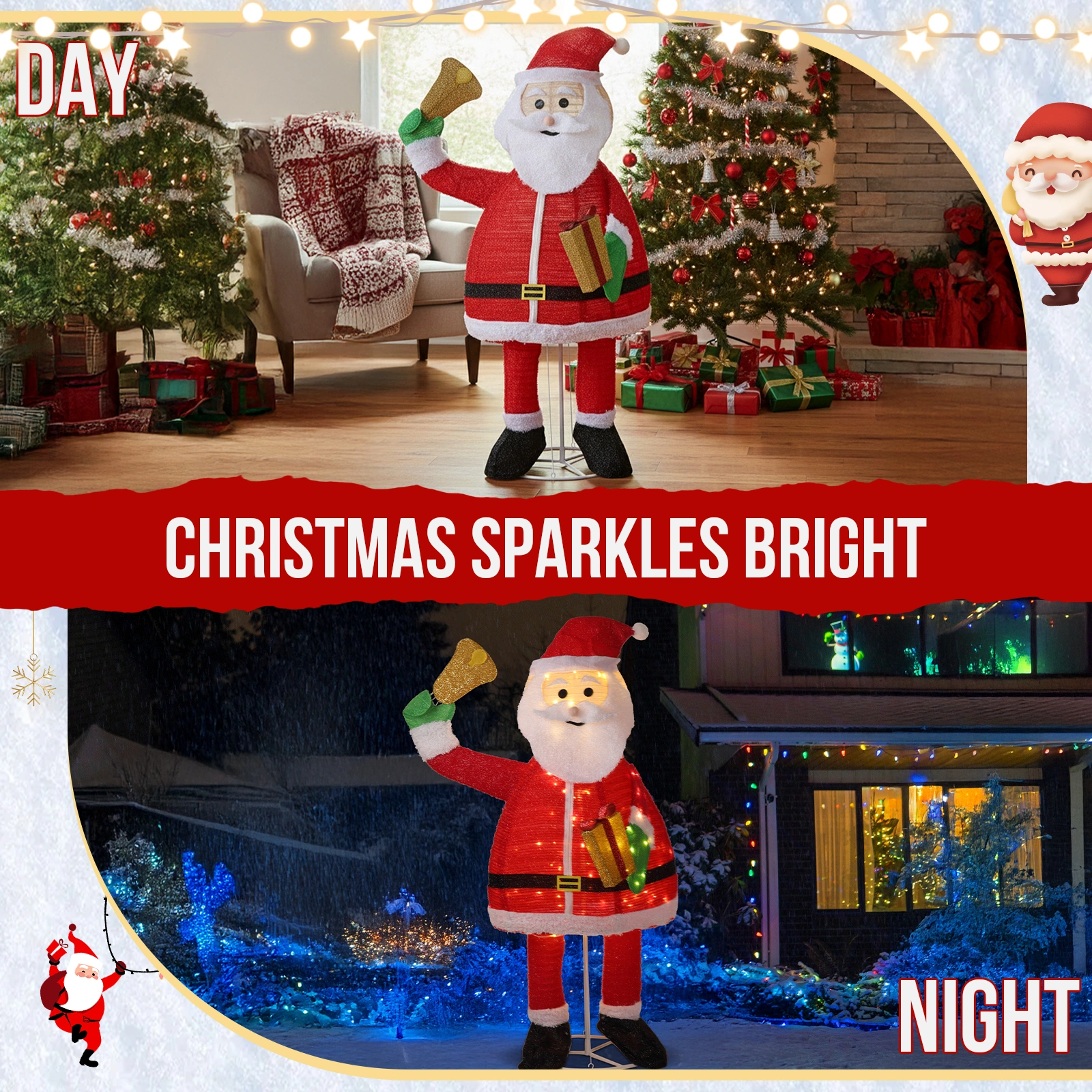 6FT Lighted Santa Claus Holding Bell Christmas Yard Decorations, Pre-lit Pull Up Santa with 200 Warm White LEDs, for Xmas Outdoor Holiday Indoor Decor Lighted Holiday Displays view 8