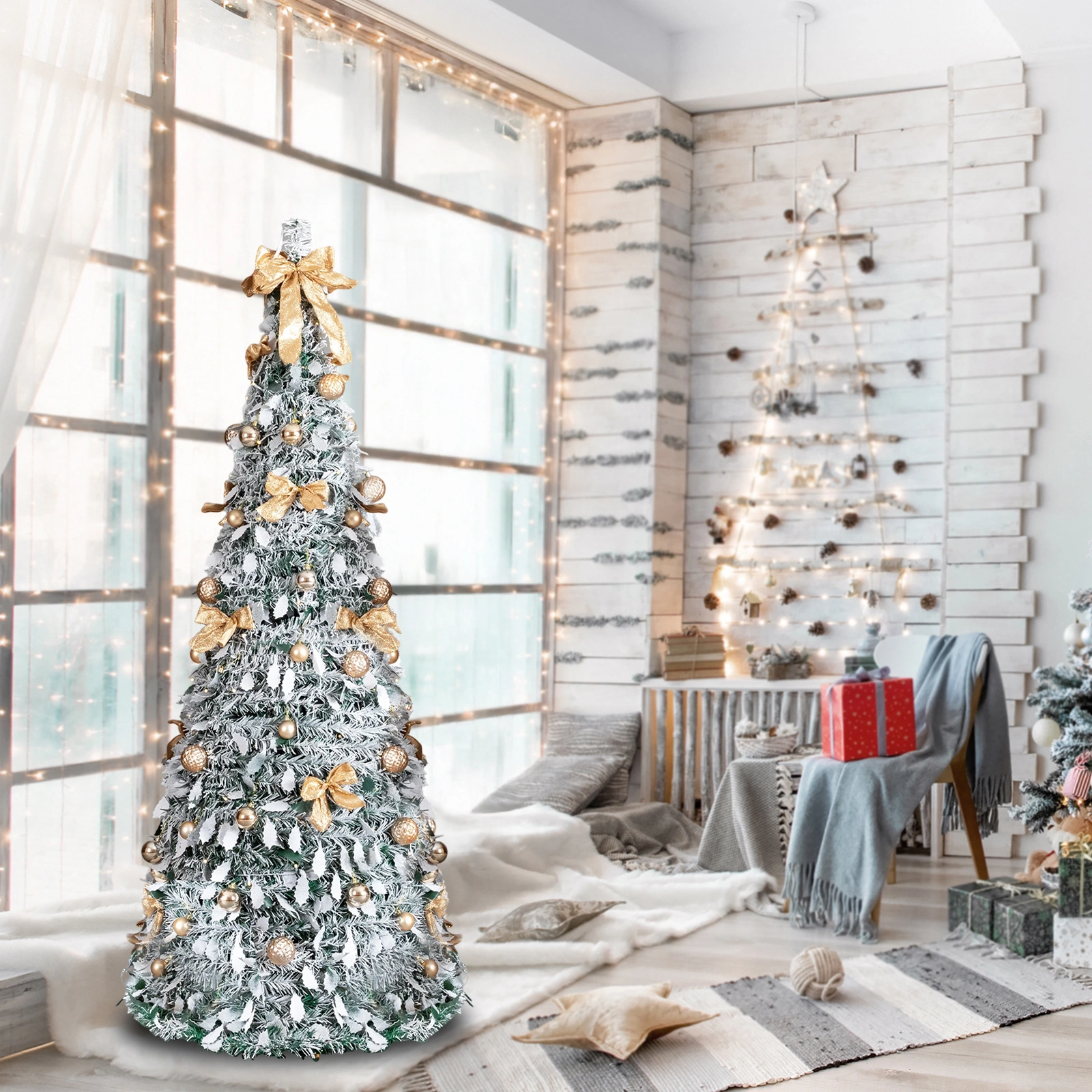 6FT Snow Flocked Pre-Lit Pop Up Artificial Christmas Tree, 100 Warm White Lights & Golden Ornaments, Snowy Green Holiday Decoration for Home Office Store view 3