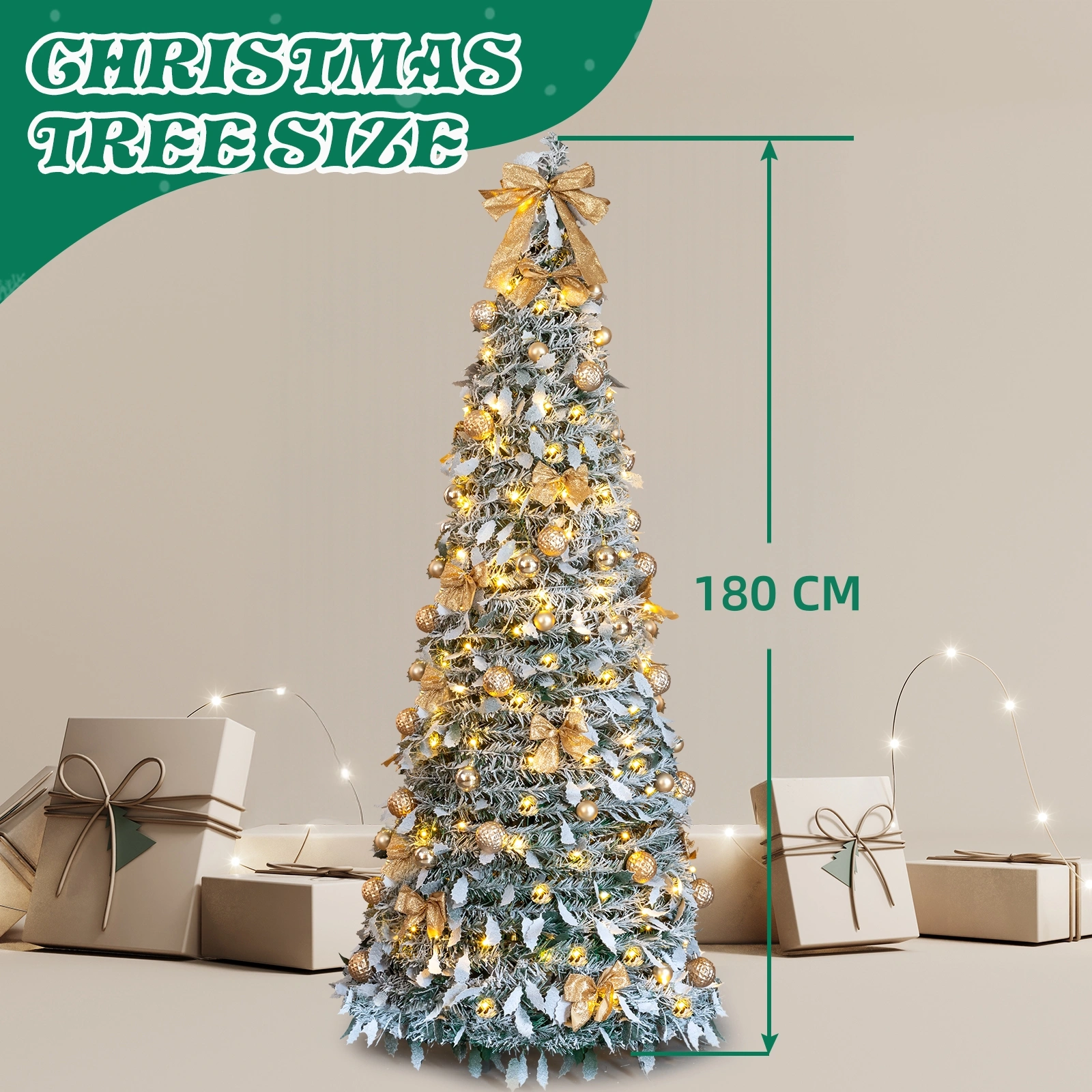 6FT Snow Flocked Pre-Lit Pop Up Artificial Christmas Tree, 100 Warm White Lights & Golden Ornaments, Snowy Green Holiday Decoration for Home Office Store view 4