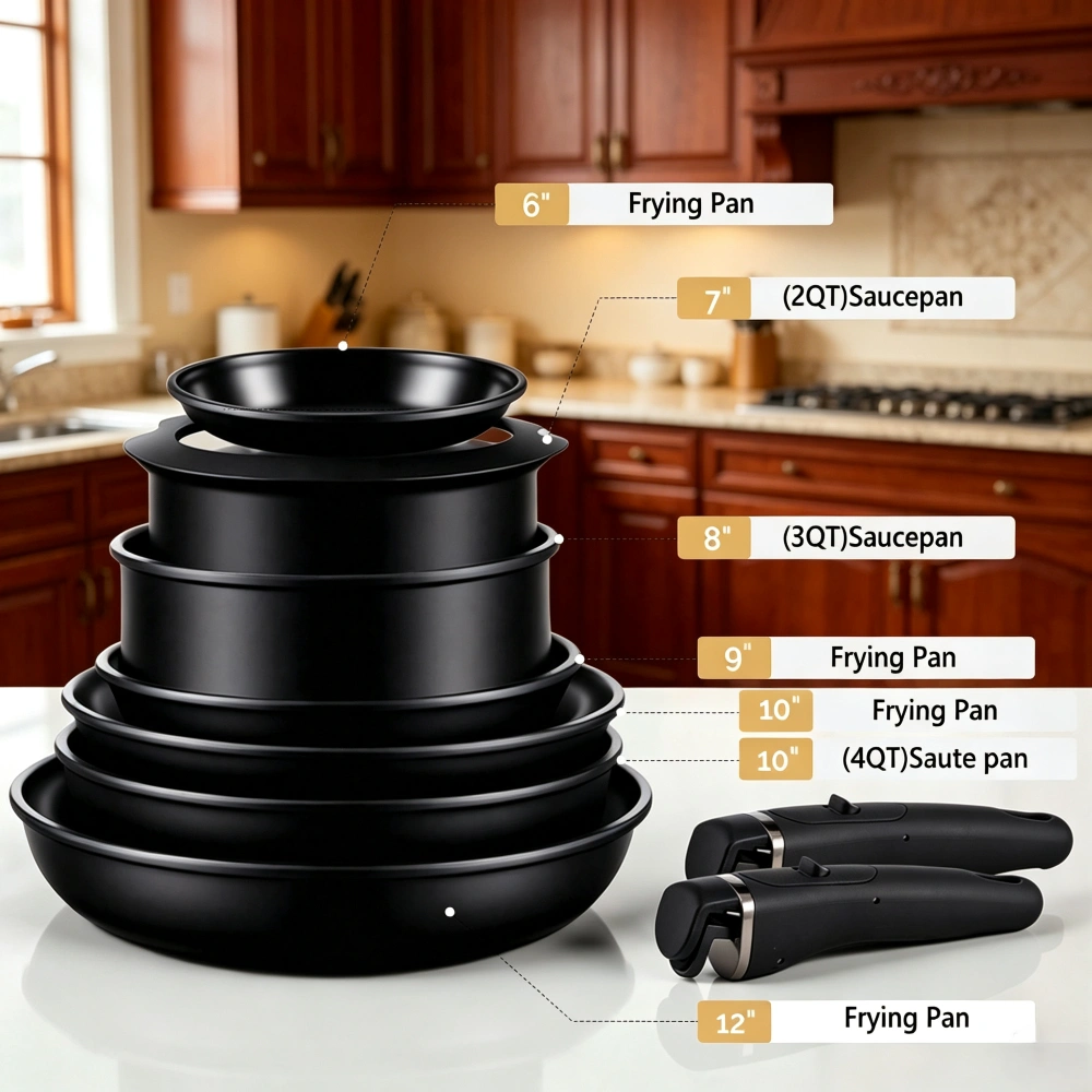 23-piece aluminum cookware set 7 pots, 2 lids, detachable handles view 4
