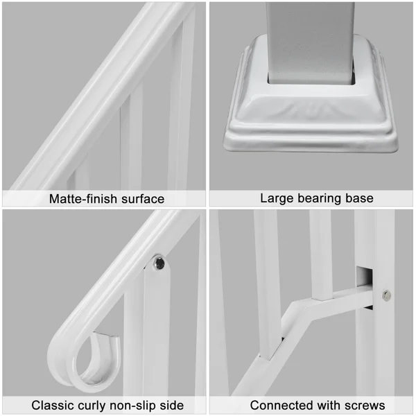 Handrails for Outdoor Steps, Iron Handrail Fits 3 Step, Transitional Handrail with Installation Kit, White view 6