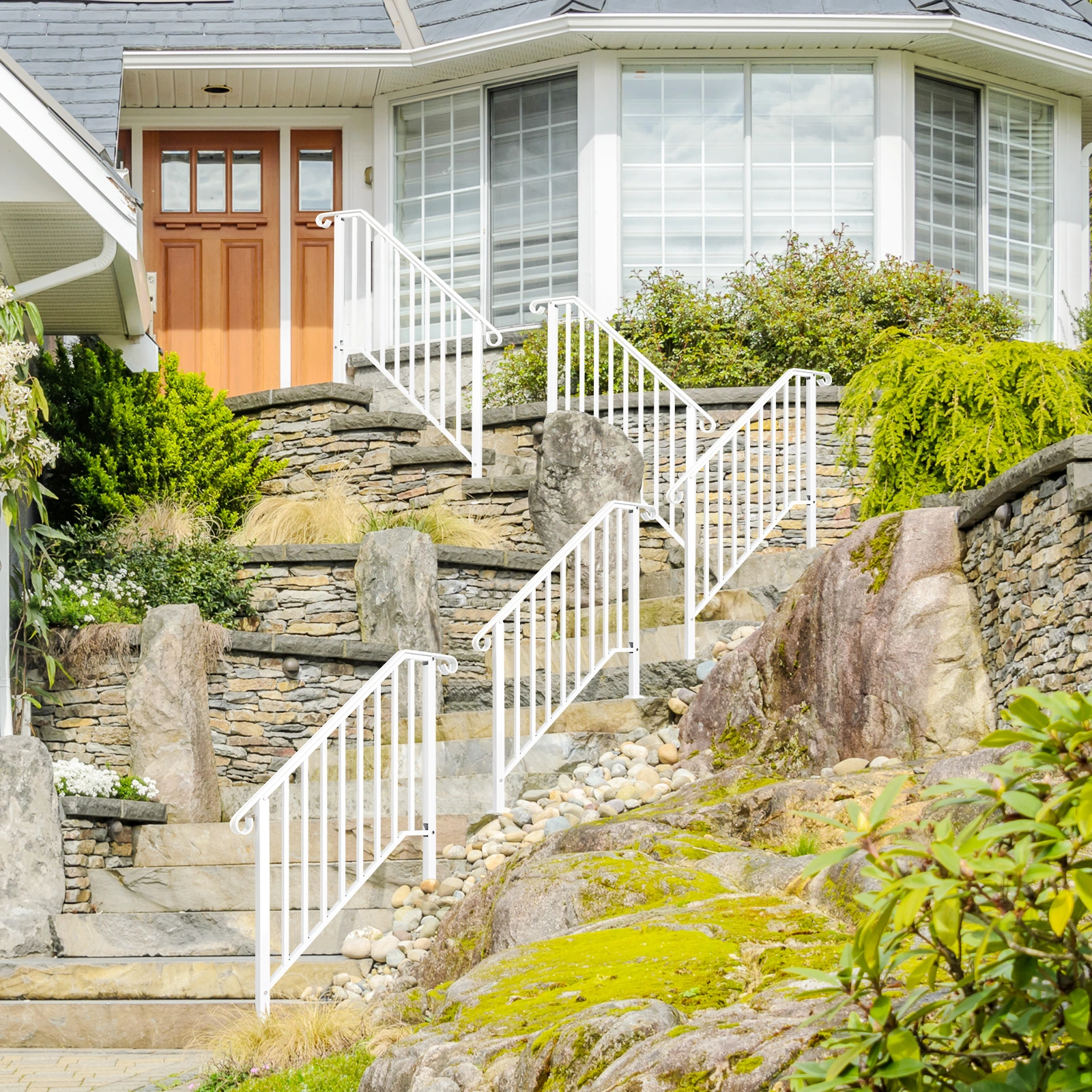 Handrails for Outdoor Steps, Iron Handrail Fits 3 Step, Transitional Handrail with Installation Kit, White view 10