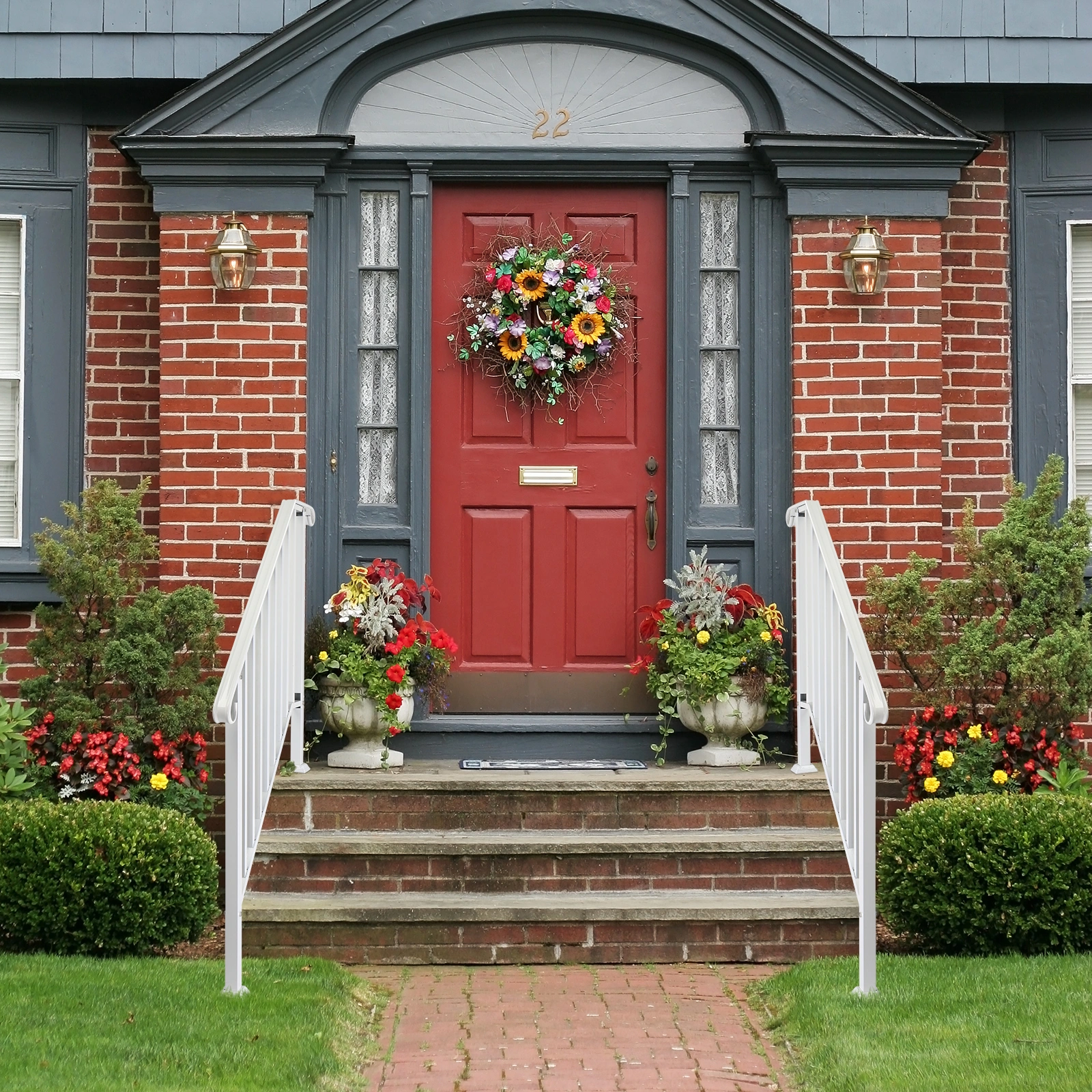 Handrails for Outdoor Steps, Iron Handrail Fits 3 Step, Transitional Handrail with Installation Kit, White view 11